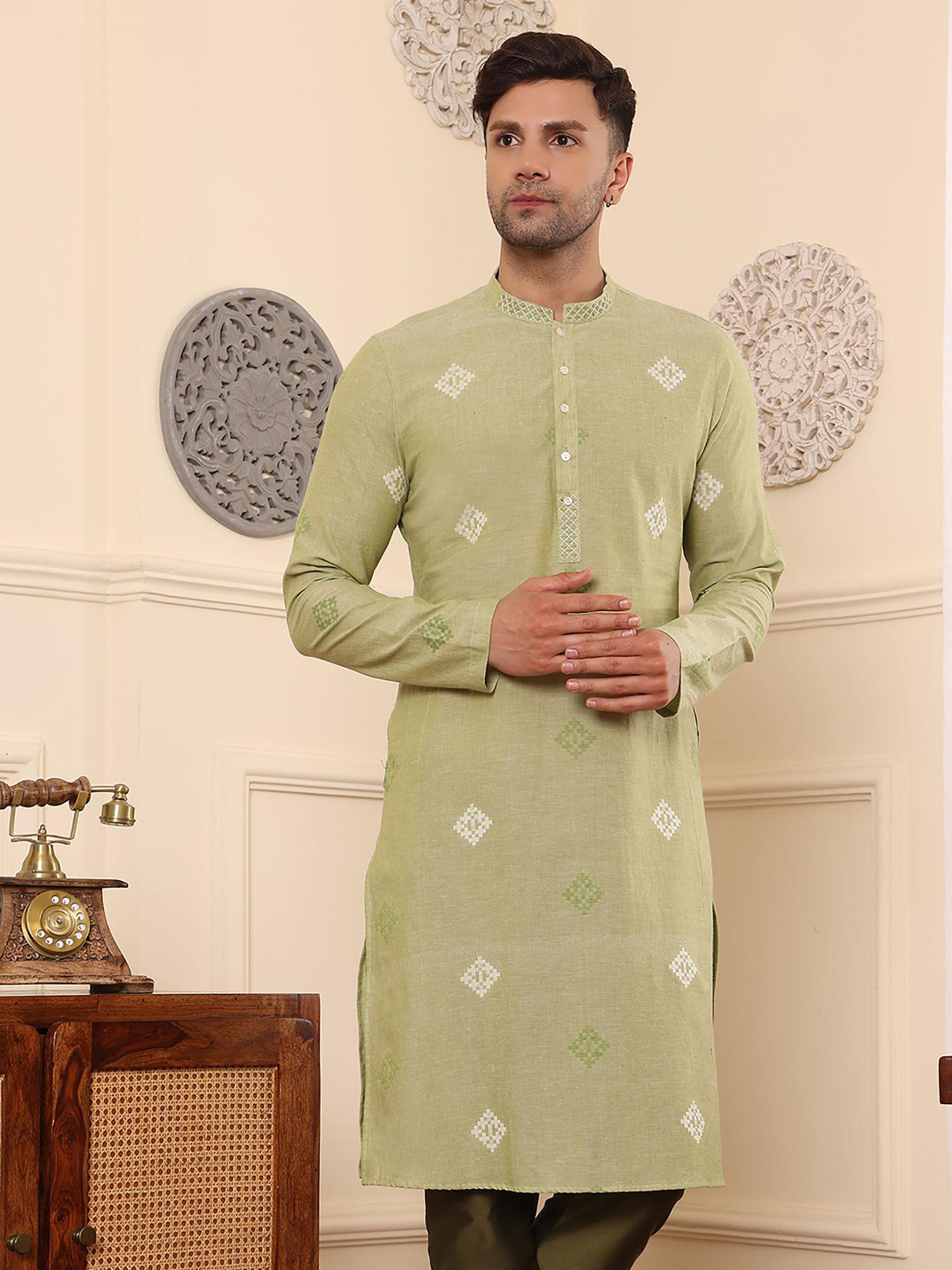 mens olive cotton jacquard mandarin collar woven design kurta