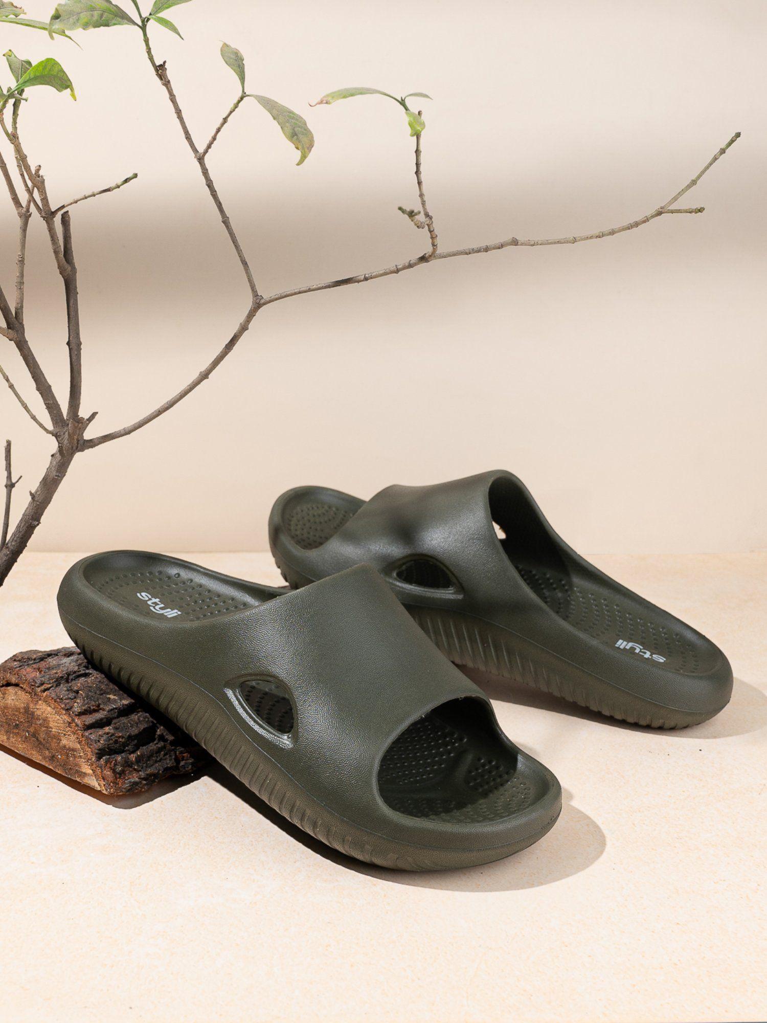 mens olive cut out detail light weight rubber sliders