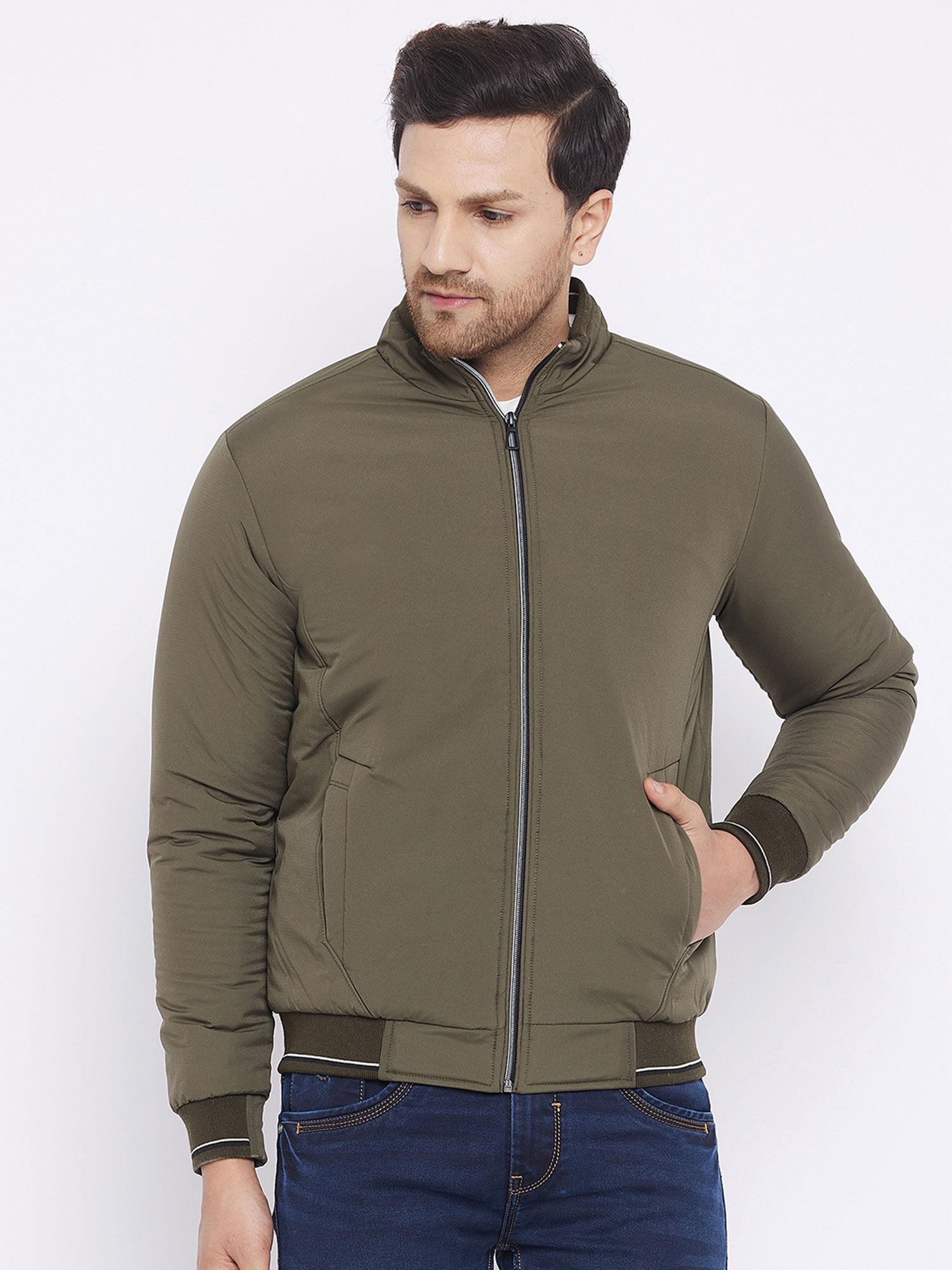 mens olive full sleeves solid zipper jacket