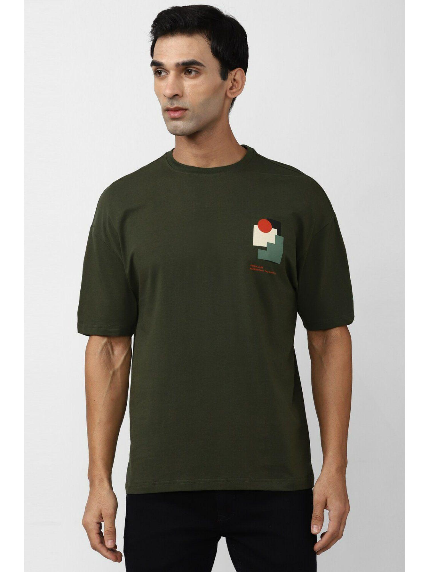 mens olive graphic print round neck t-shirt