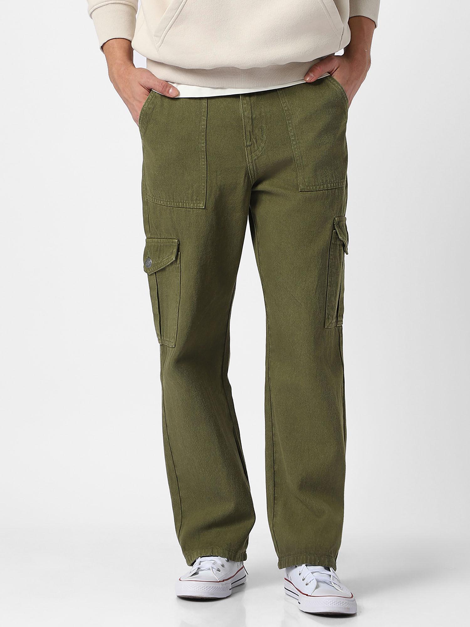 mens olive green loose fit cargo jeans with 6 pockets non-stretchable