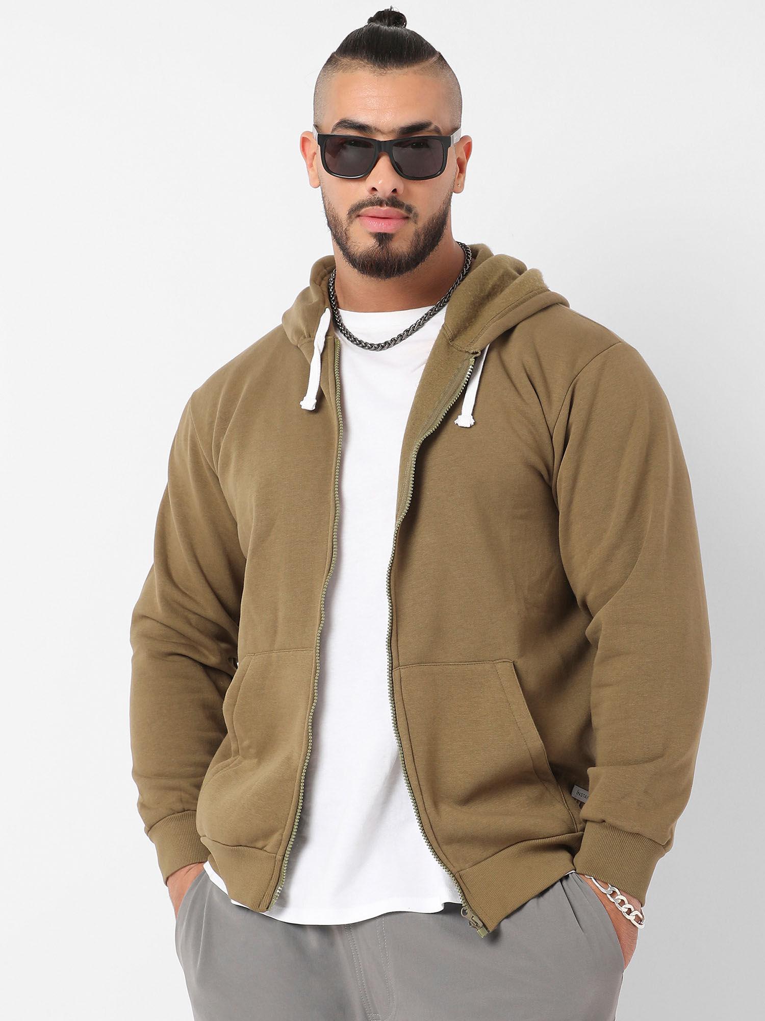 mens olive green zip front hooded sweatshirt with contrast drawstring