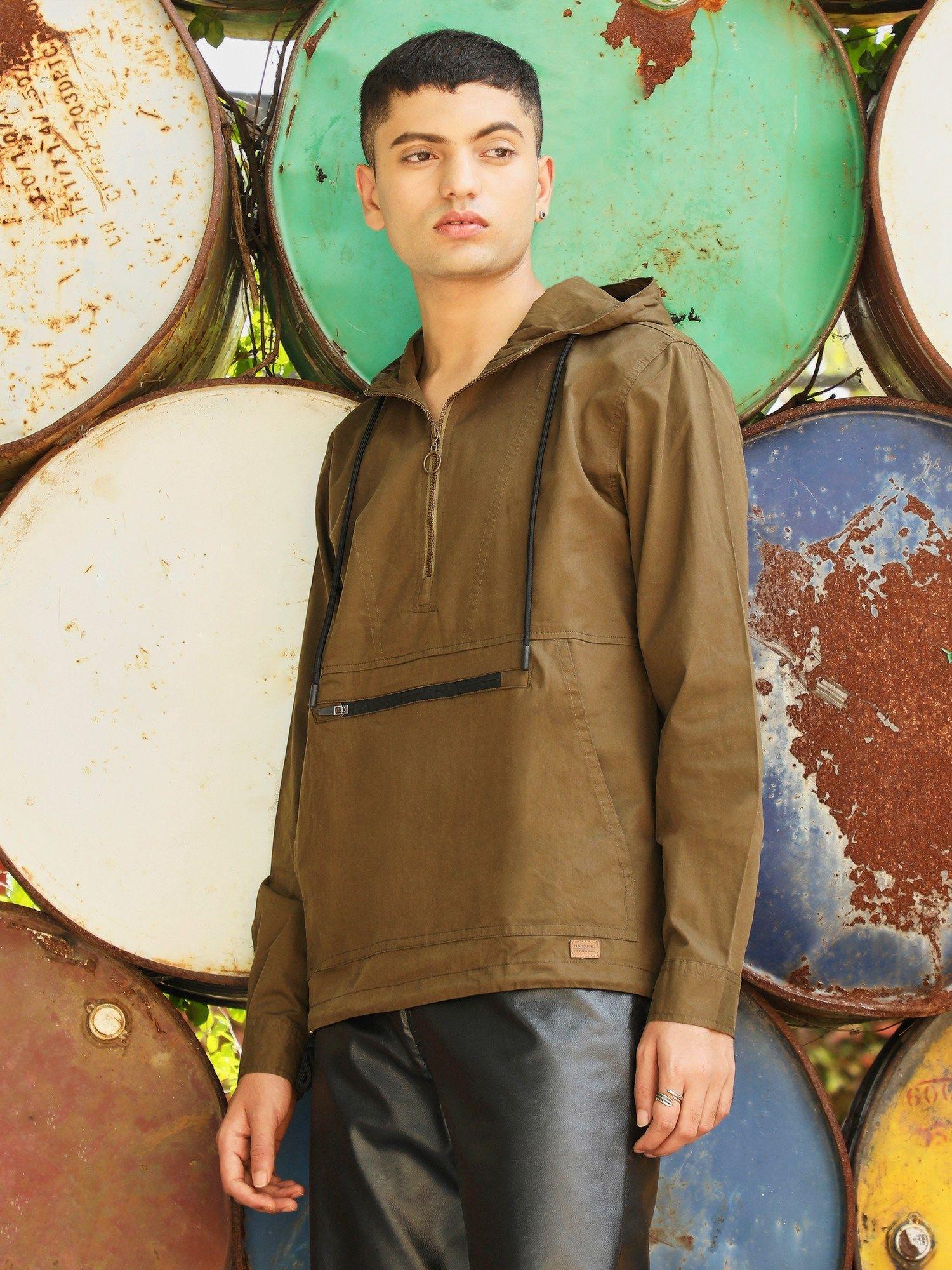 mens olive half-zip utility jacket with contrast drawstring