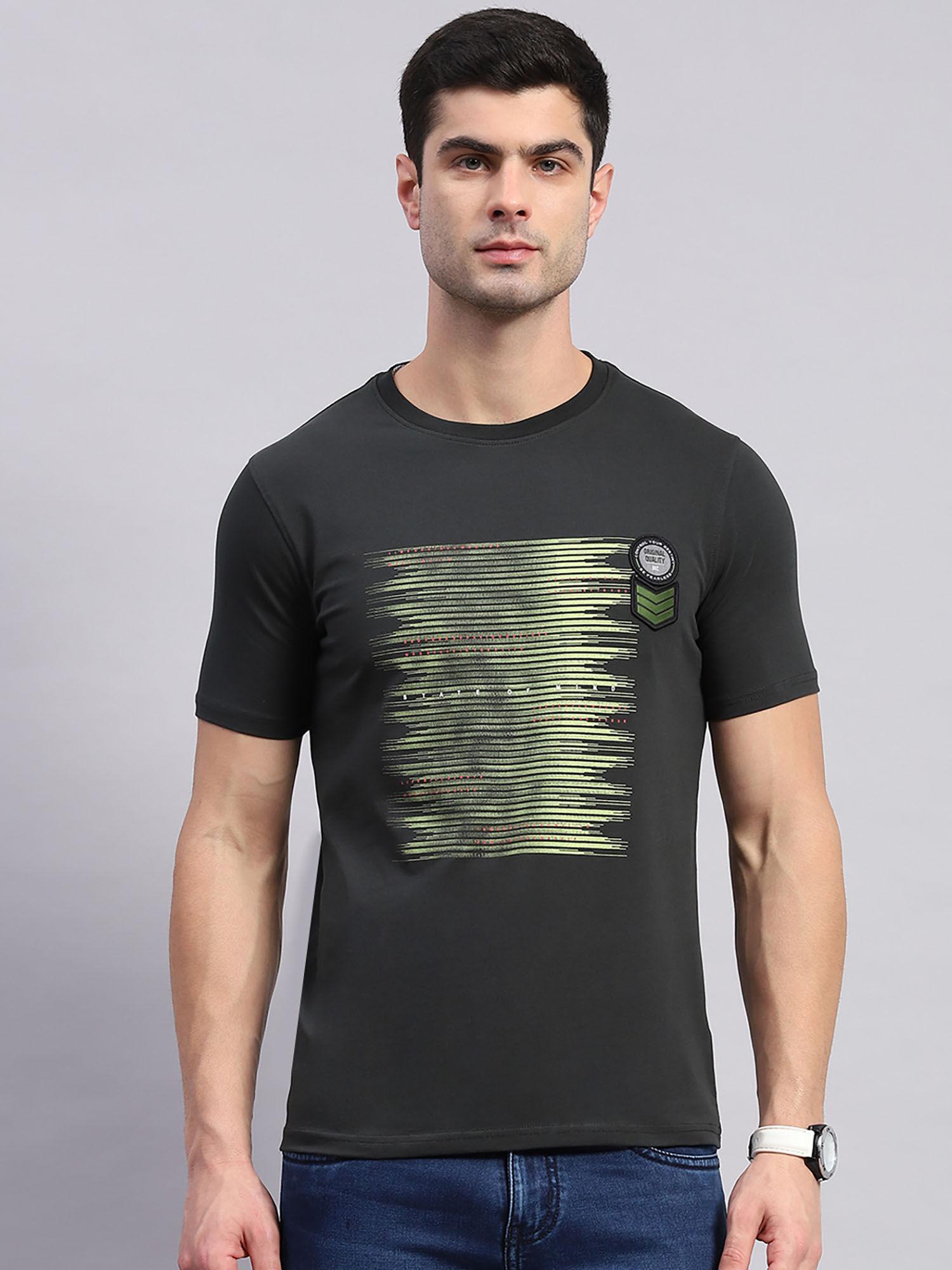 mens olive printed round neck half sleeve regular fit t-shirt