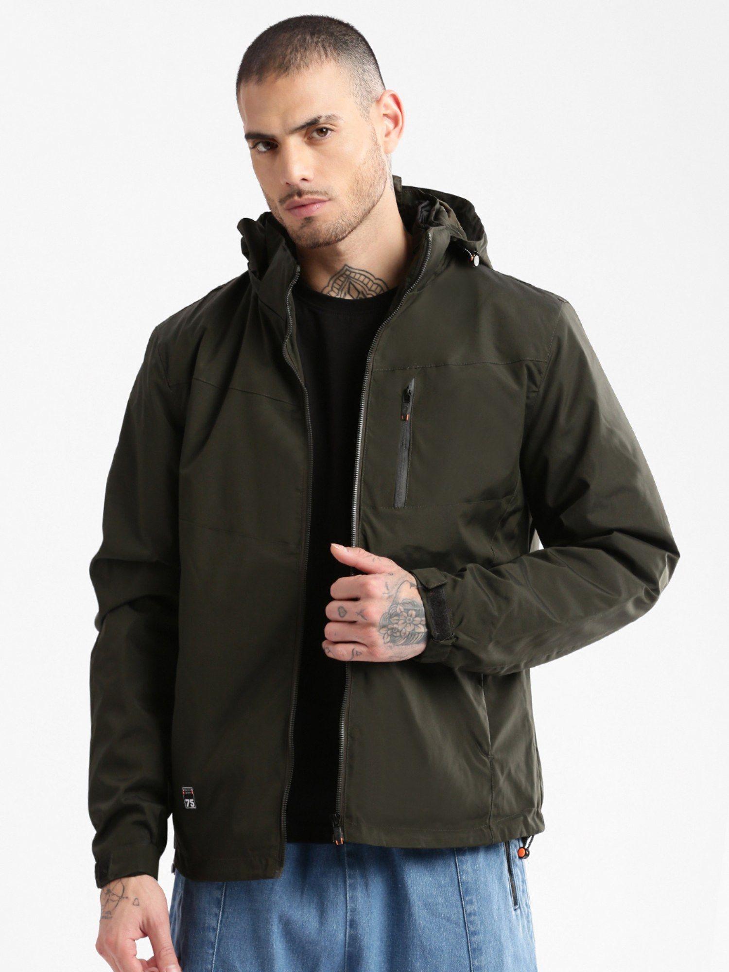 mens olive solid tailored oversized jacket with detachable hood & inner (set of 2)