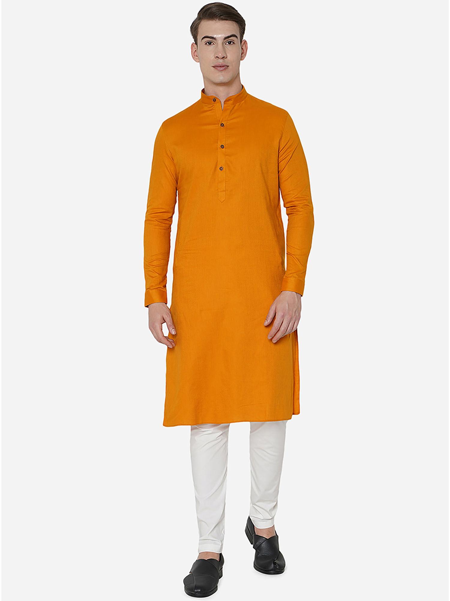 mens orange 100% cotton regular fit self-textured modi kurta