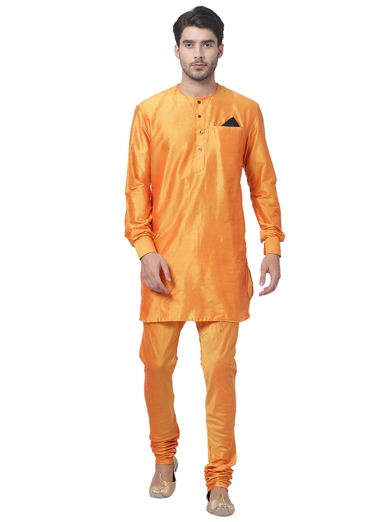 mens orange cotton blend kurta pyjama (set of 3)