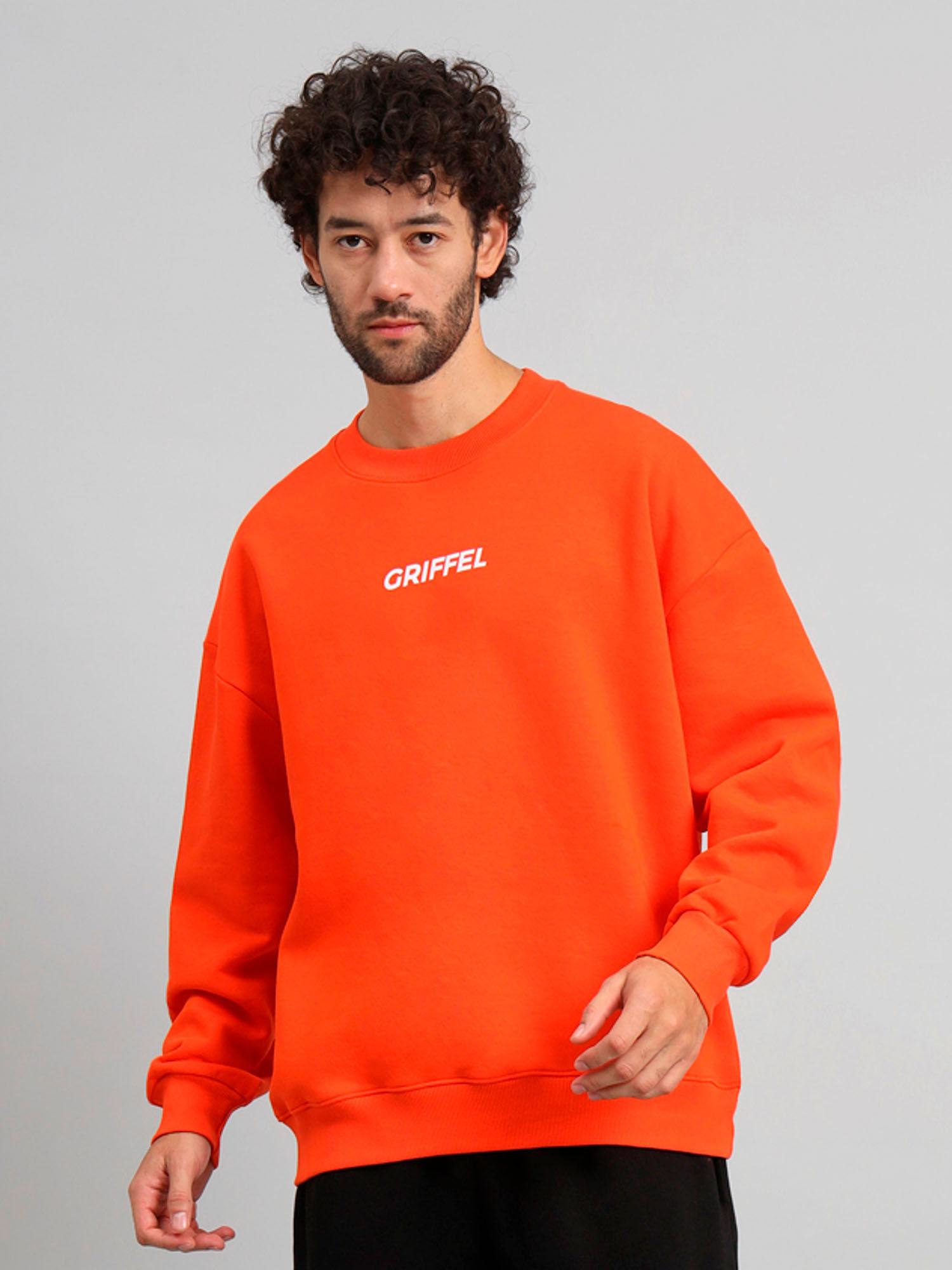 mens orange front logo oversized round neck 100% cotton fleece sweatshirt