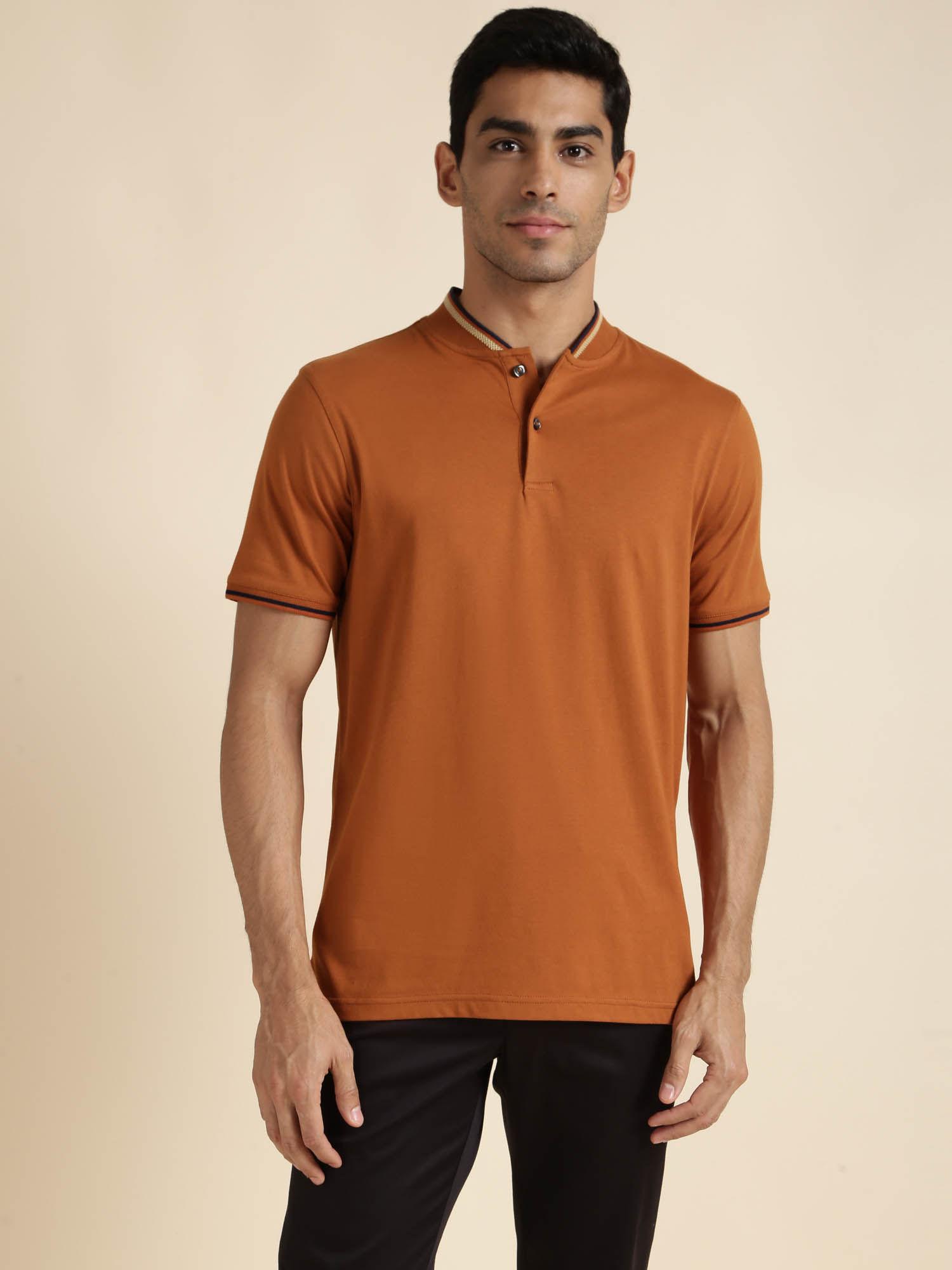 mens orange half sleeves mandarin neck regular fit t-shirt