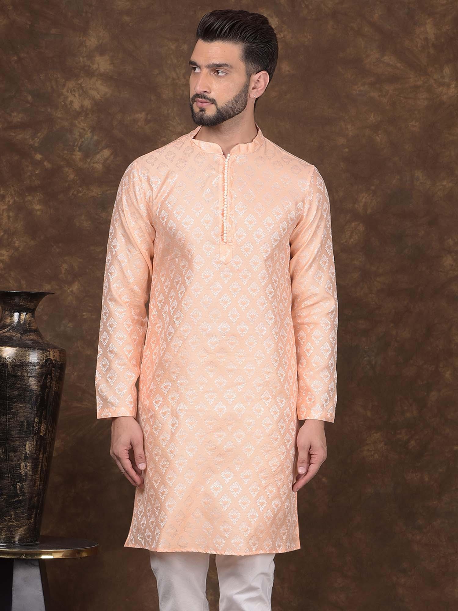 mens orange jacquard silk mandarin collar woven kurta