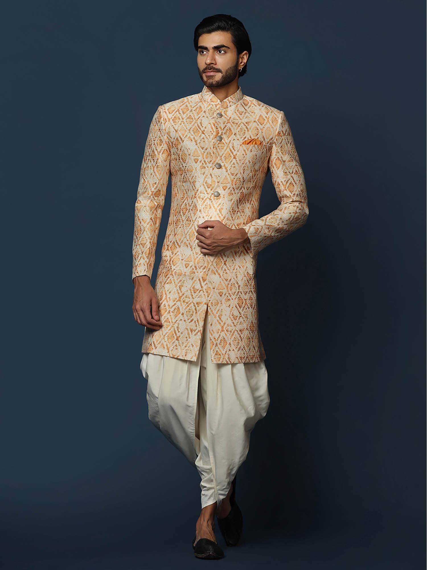 mens orange sherwani dhoti (set of 2)