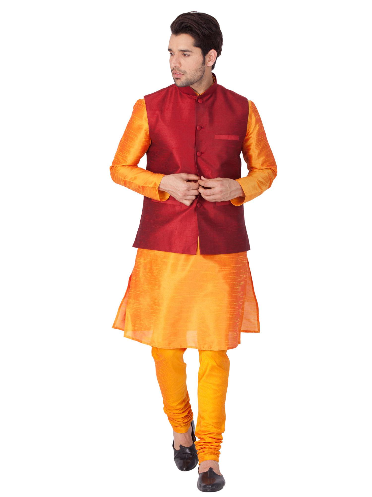 mens orange silk blend jacket, kurta and pyjama (set of 3)