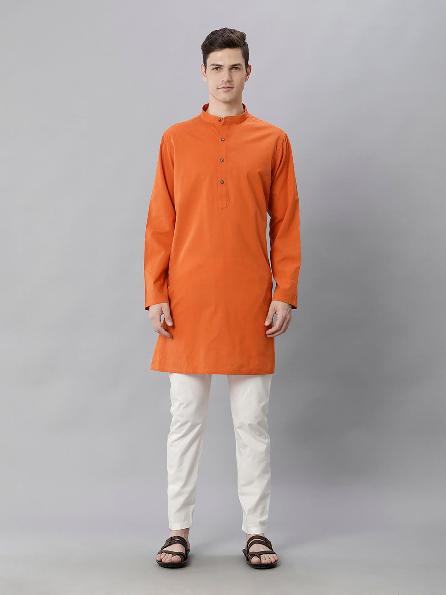 mens orange solid cotton linen kurta