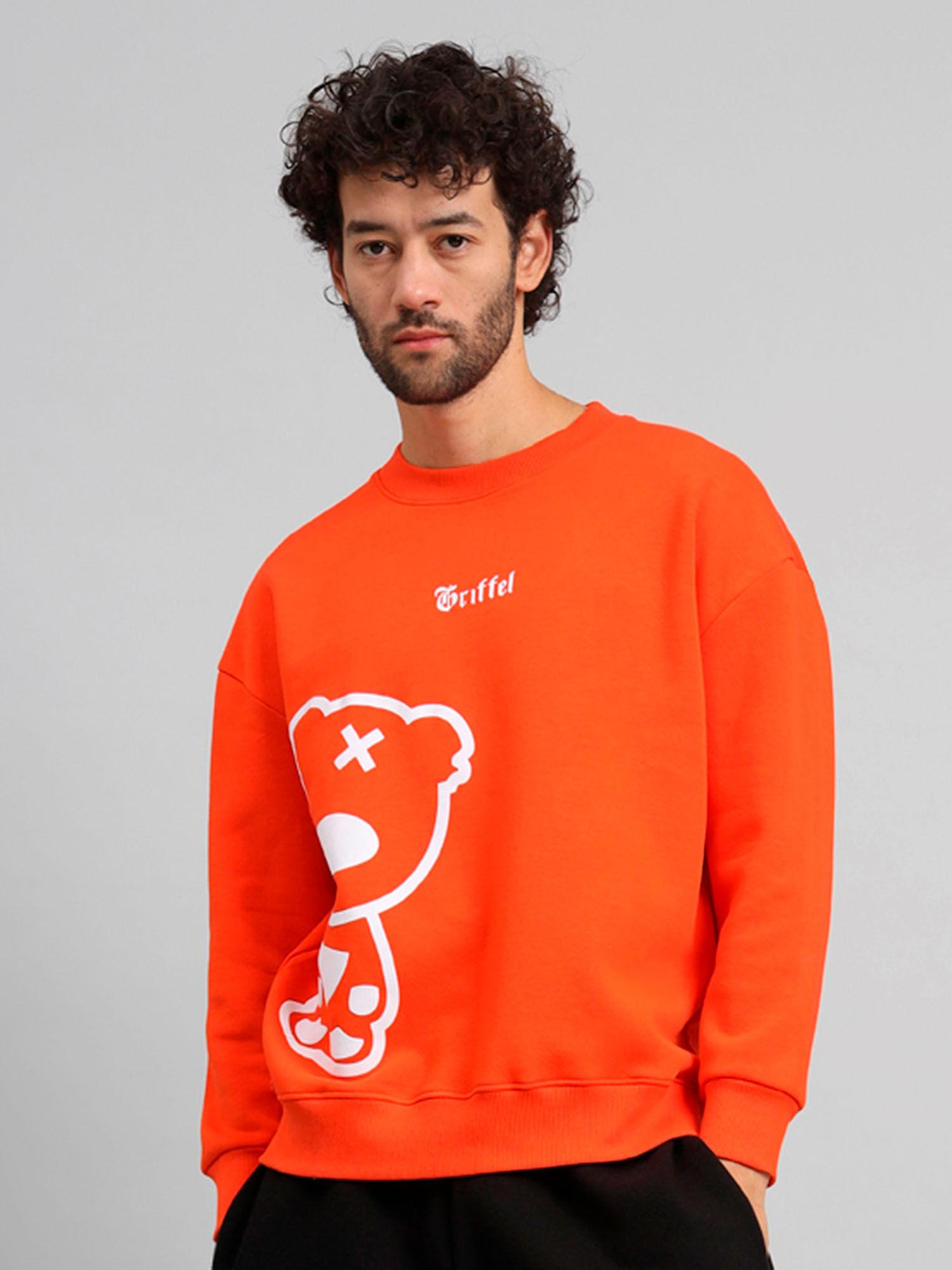 mens orange teddy print oversized round neck 100% cotton fleece sweatshirt