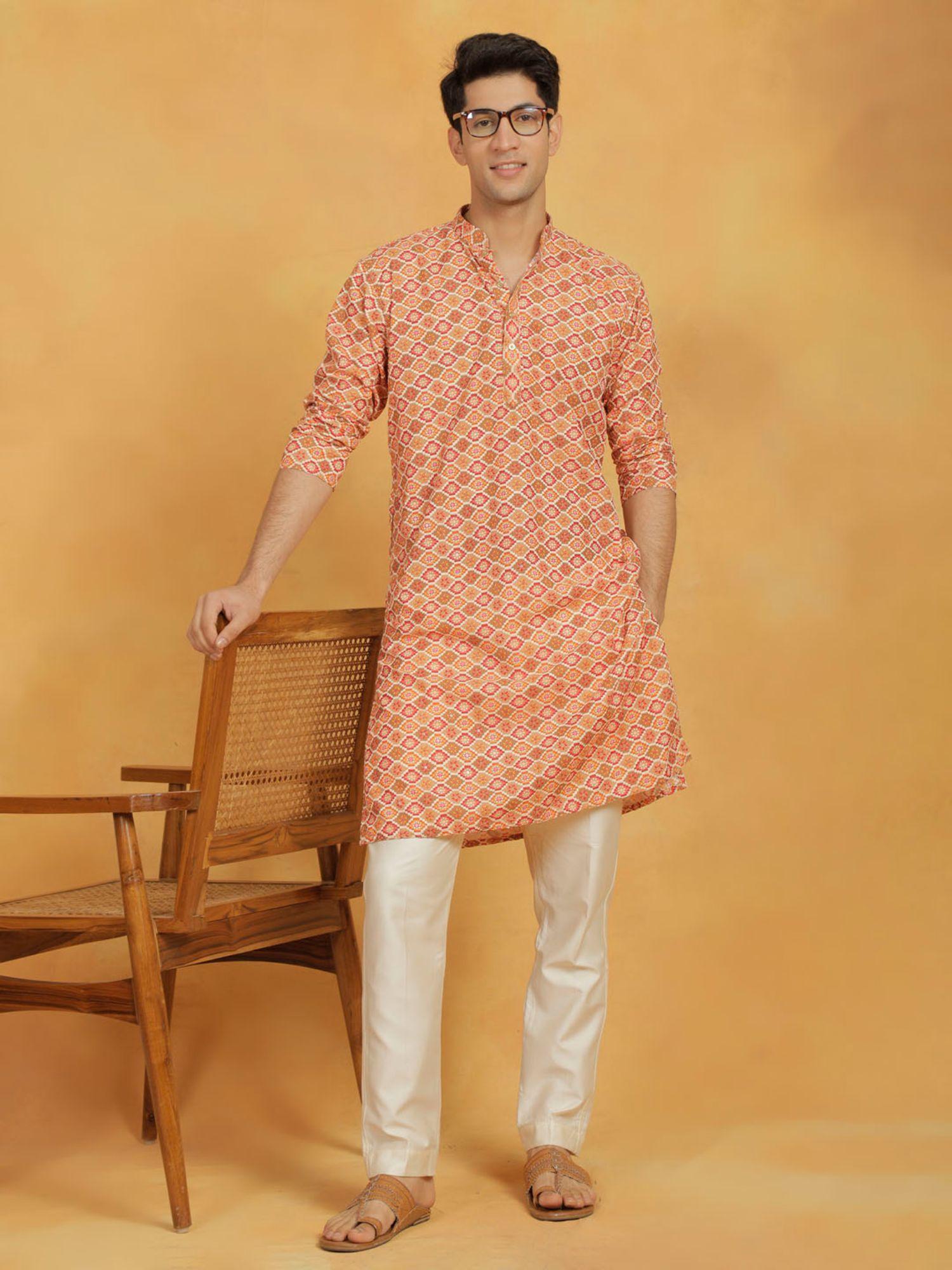 mens orange with cream maslin kurta and pyjama (set of 2)