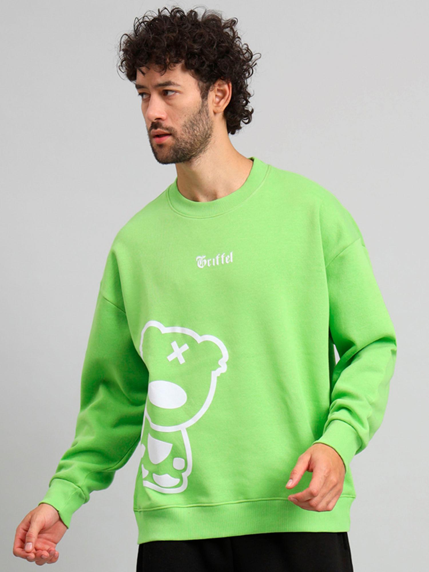 mens parrot teddy print oversized round neck 100% cotton fleece sweatshirt