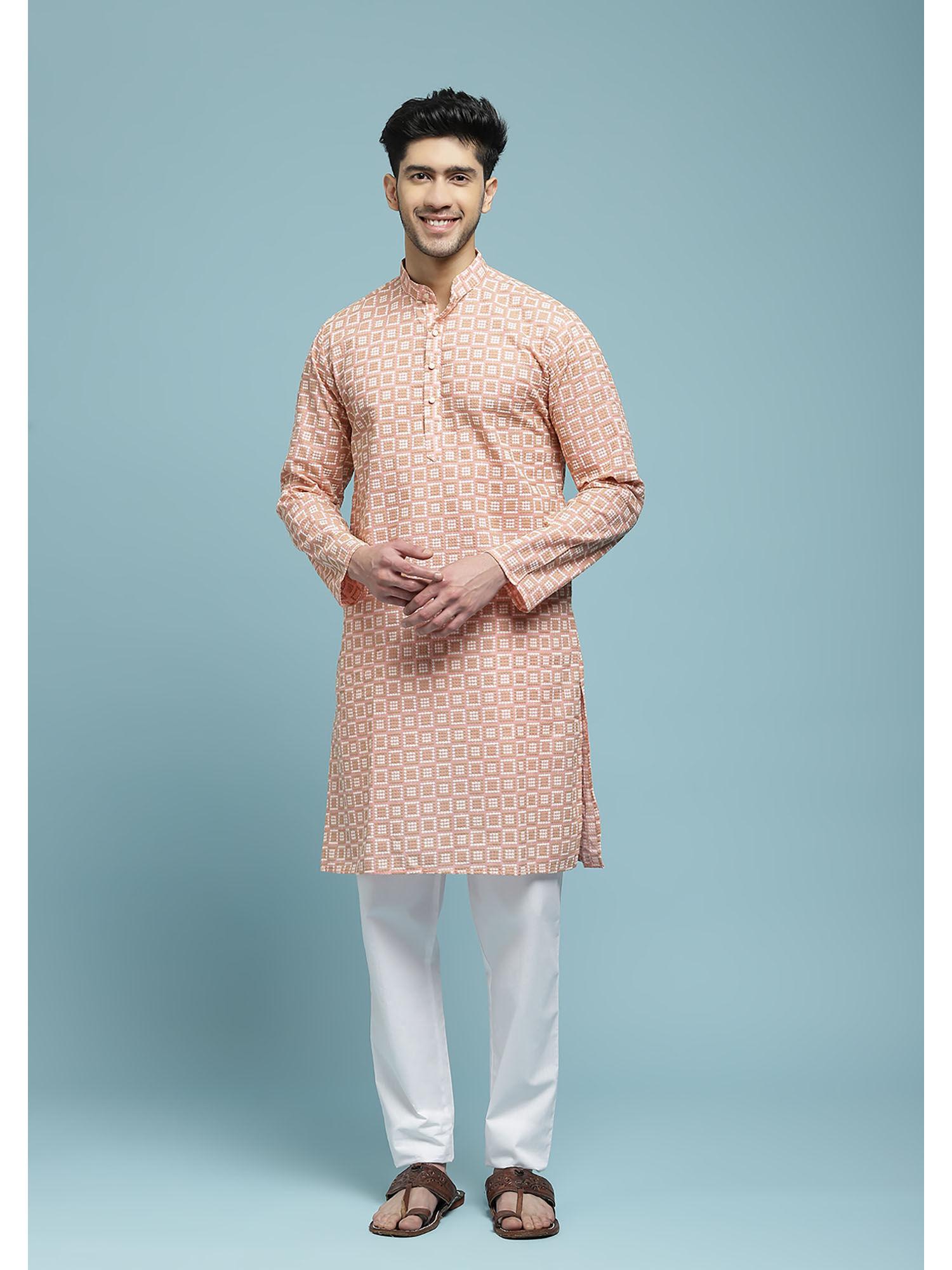 mens peach cotton schiffli embroidered long kurta