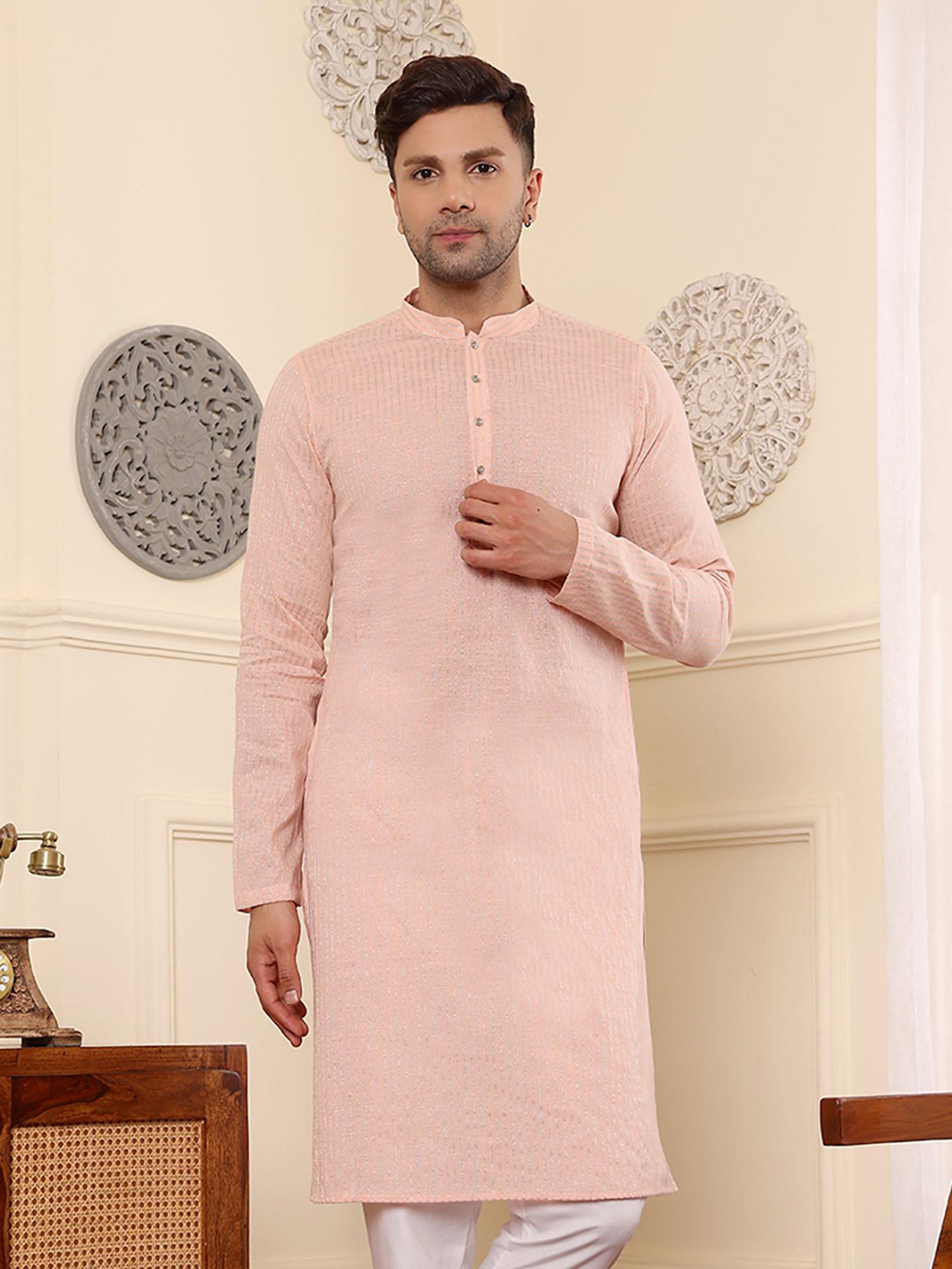 mens peach cotton striped mandarin collar kurta