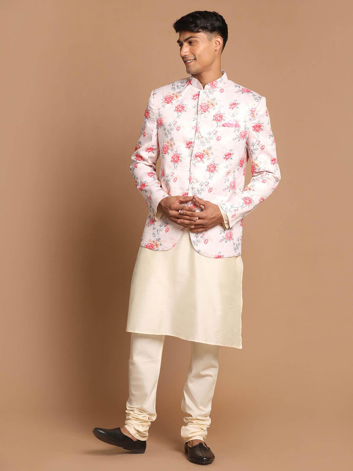 mens peach cream viscose ethnic jacket kurta and pyjama (set of 3)