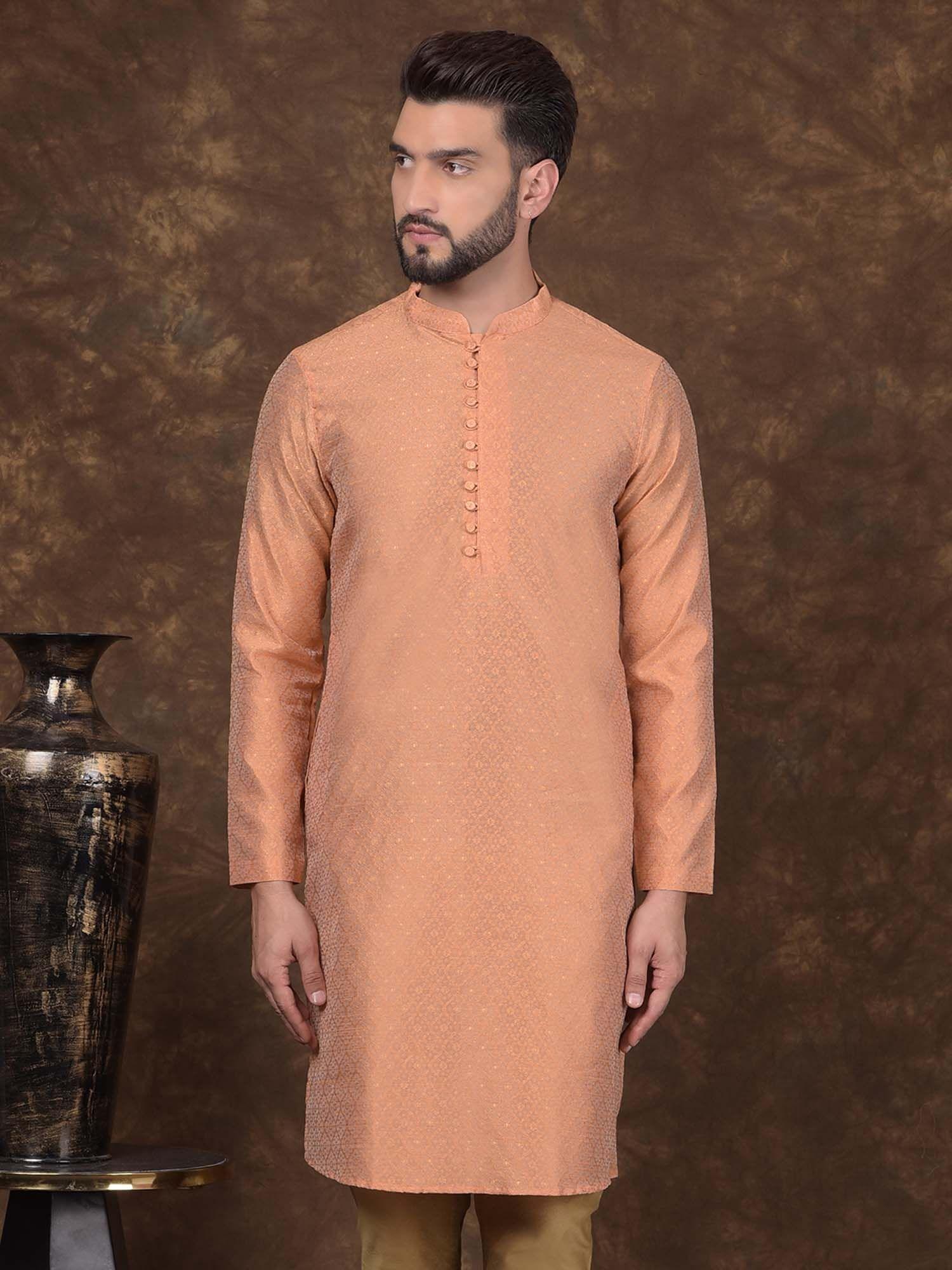 mens peach jacquard silk mandarin collar kurta