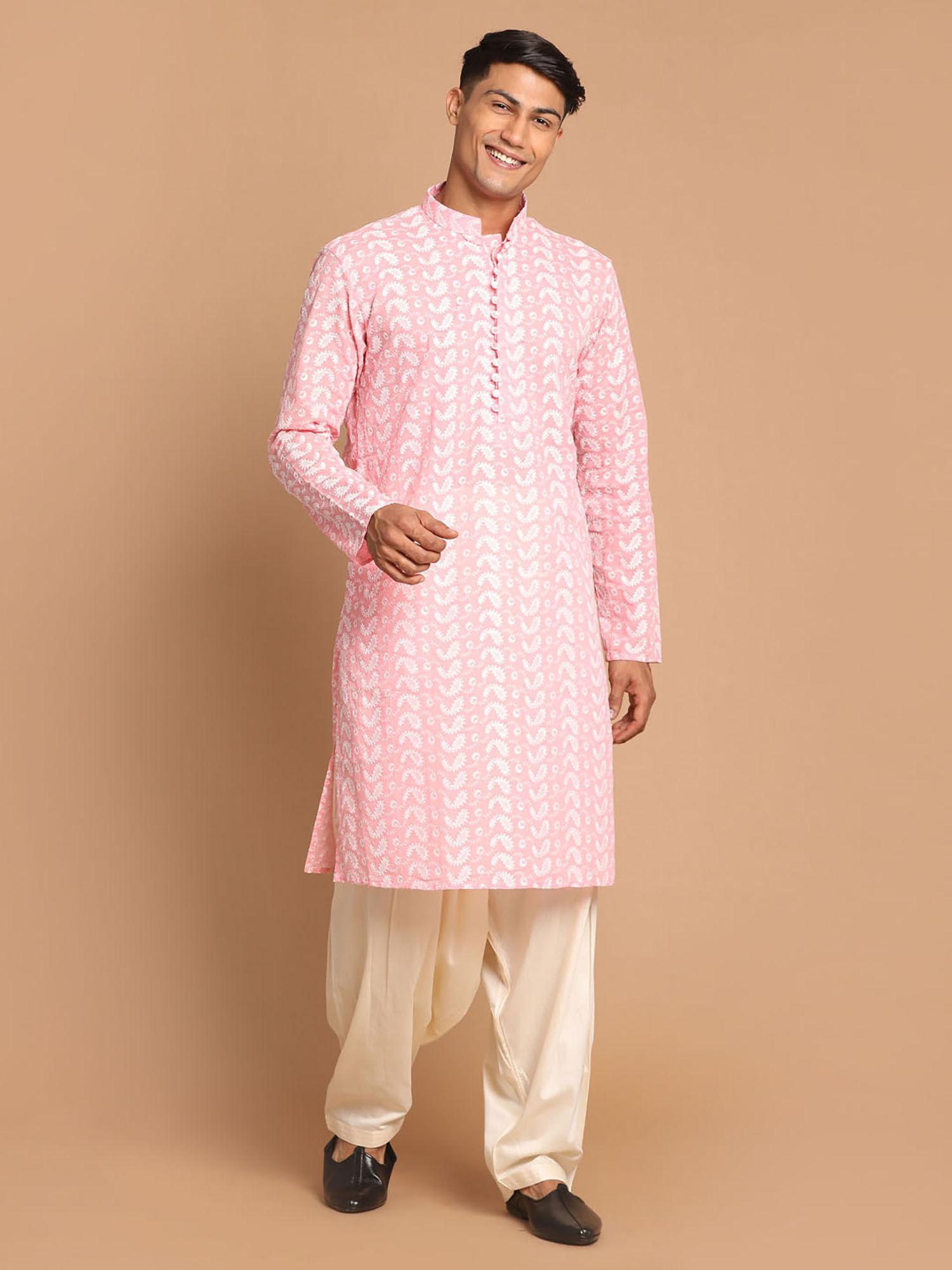 mens pink & cream pure cotton kurta & patiala (set of 2)