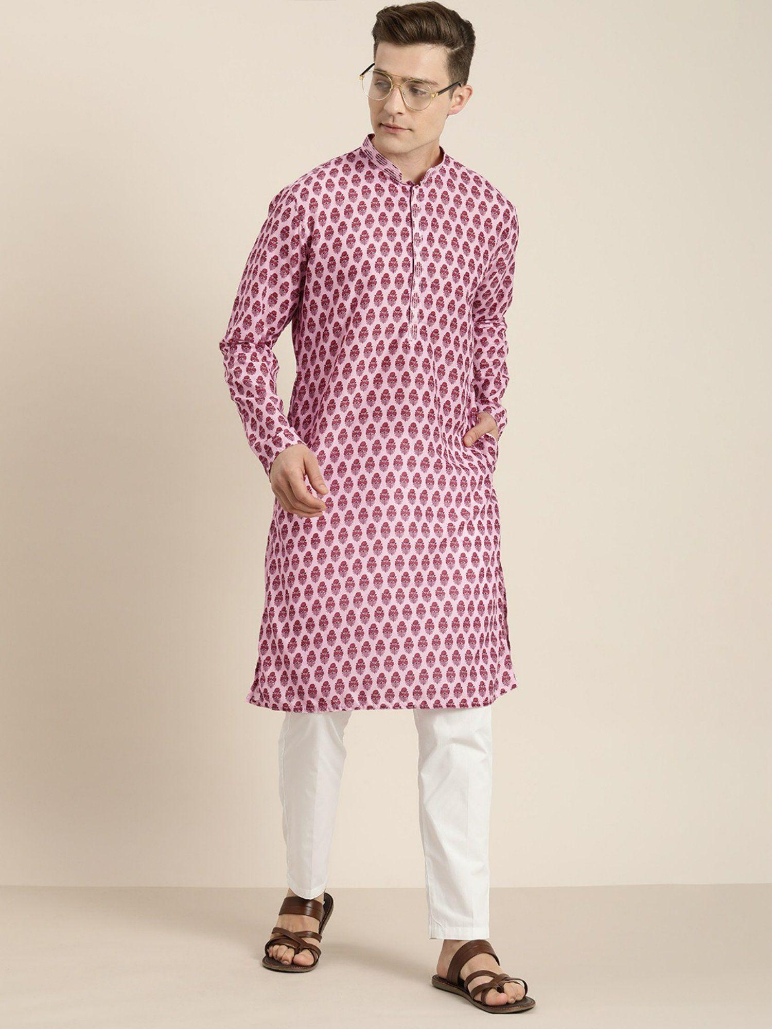 mens pink and white cotton blend kurta pyjama (set of 2)