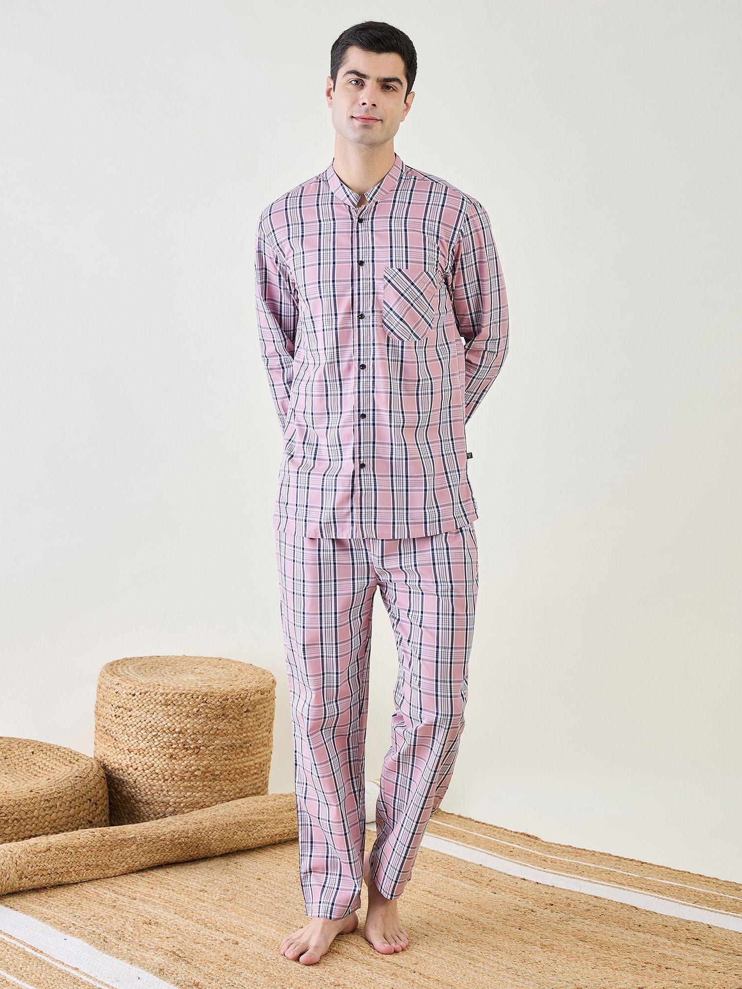 mens pink checks cotton shirt and pyjama (set of 2)