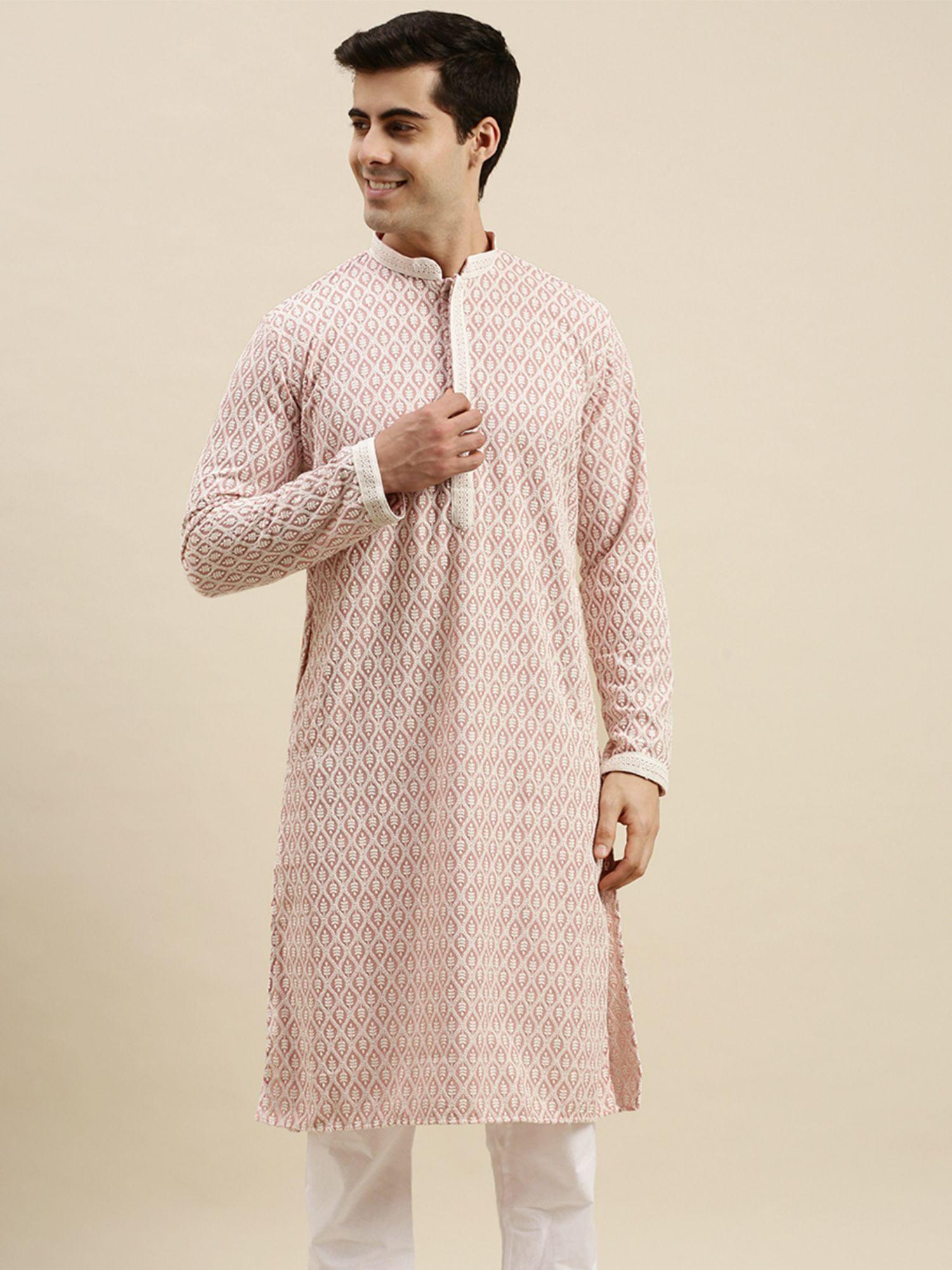 mens pink chickenkari long sleeve cotton designer kurta