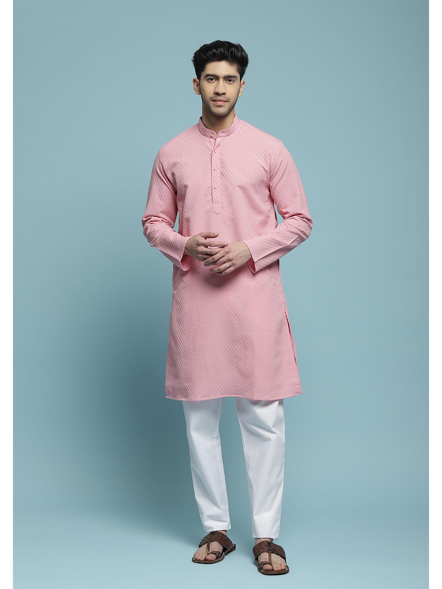 mens pink dobby embroidered long kurta