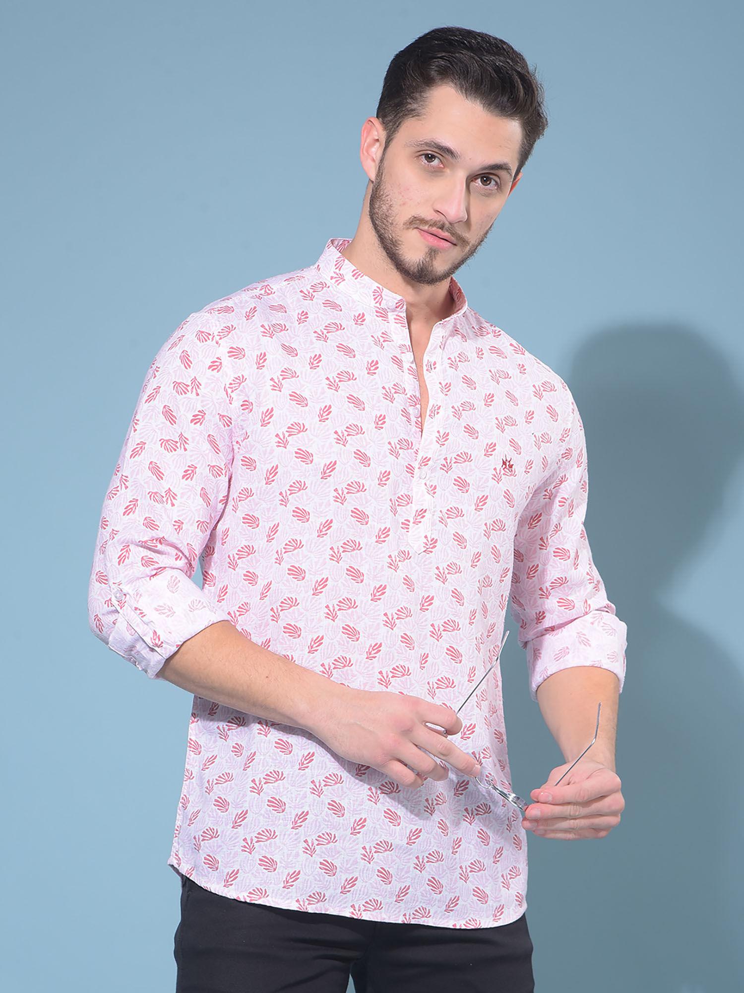 mens pink floral print linen short kurta