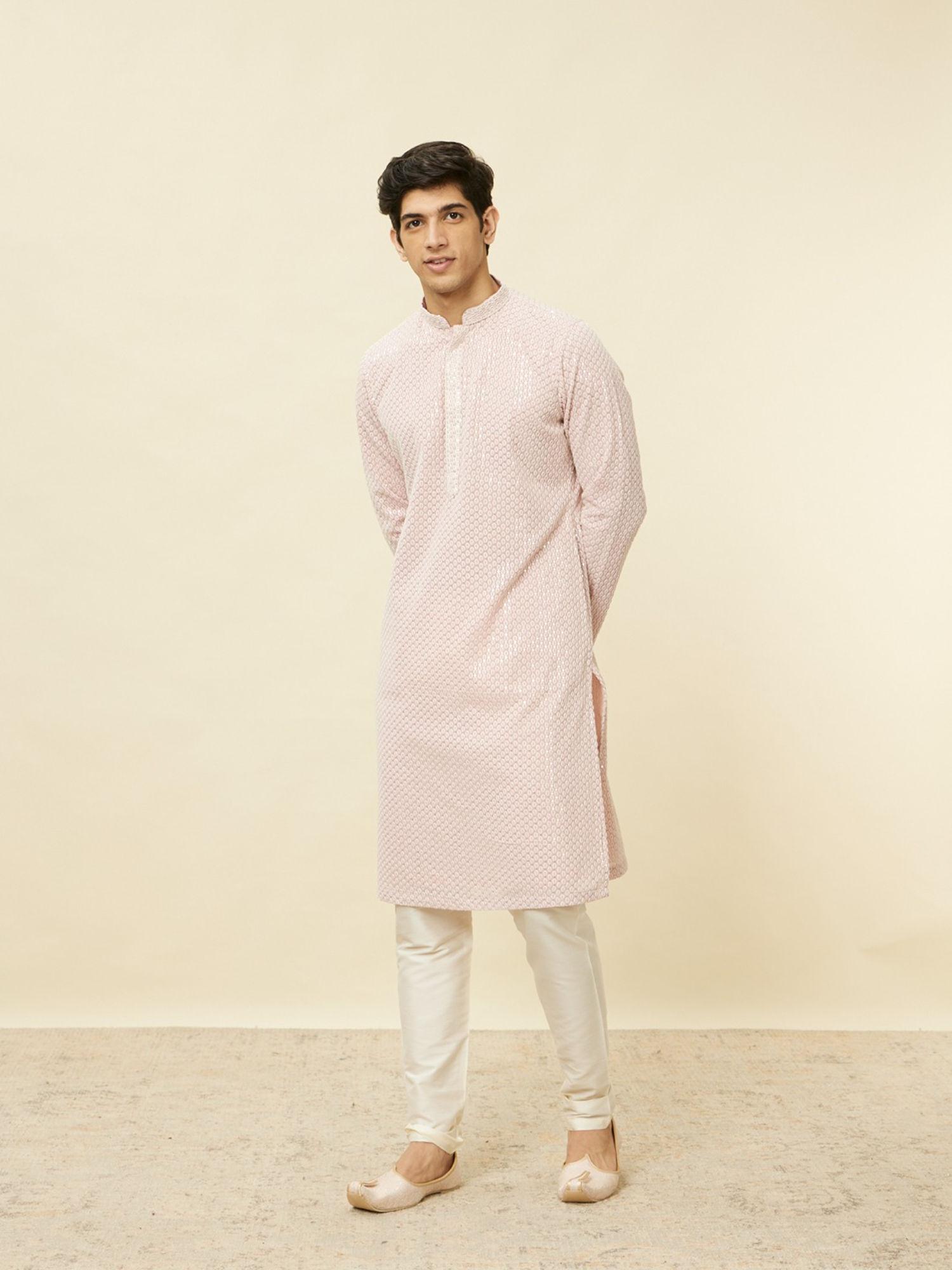 mens pink georgette embroidered kurta pyjama (set of 2)