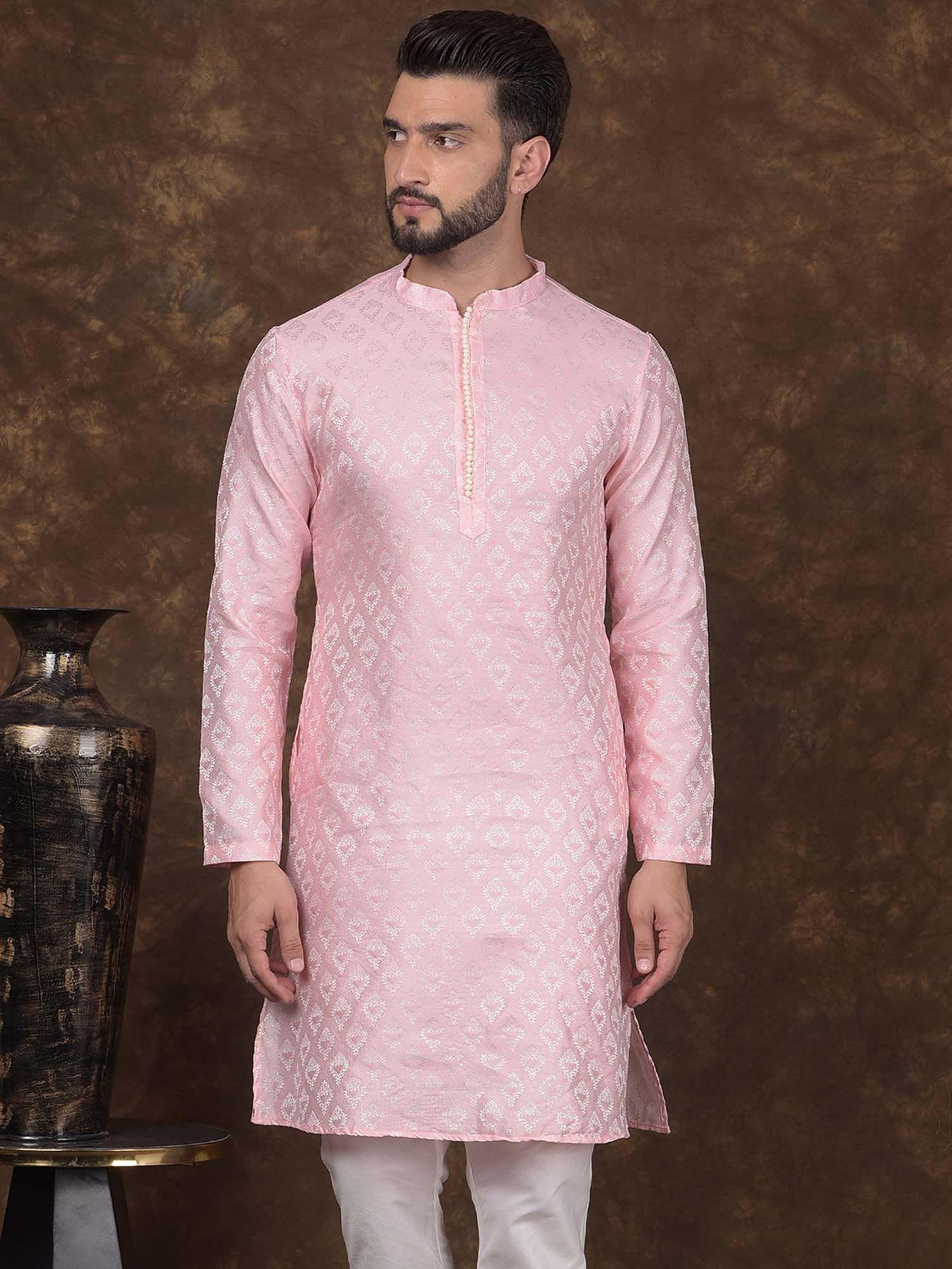 mens pink jacquard silk mandarin collar woven kurta