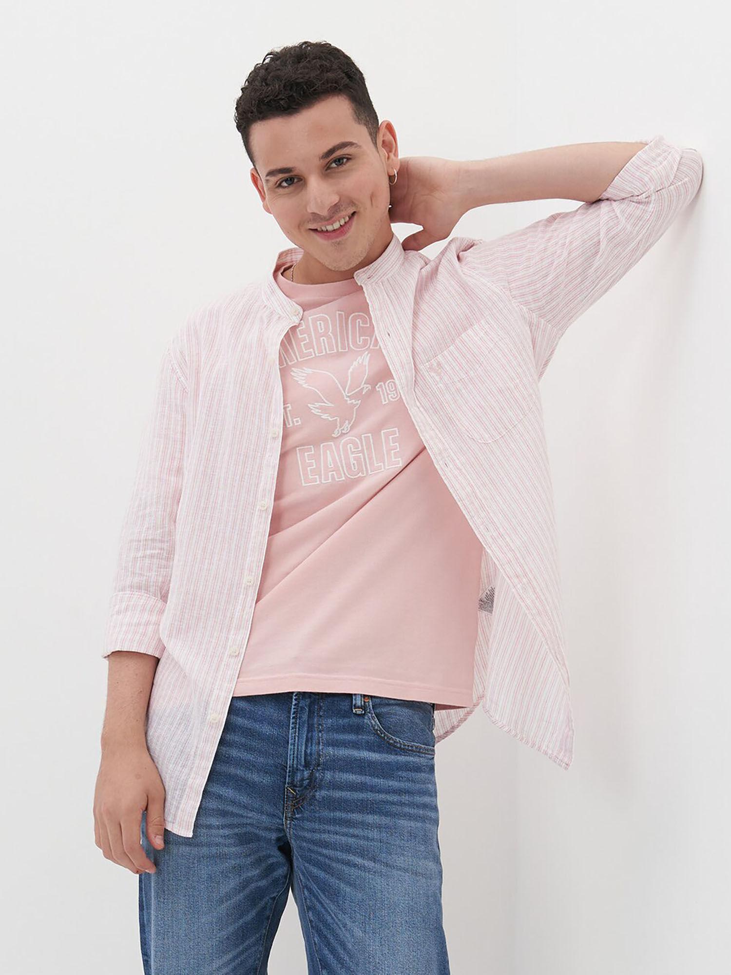 mens pink linen striped button-up shirt