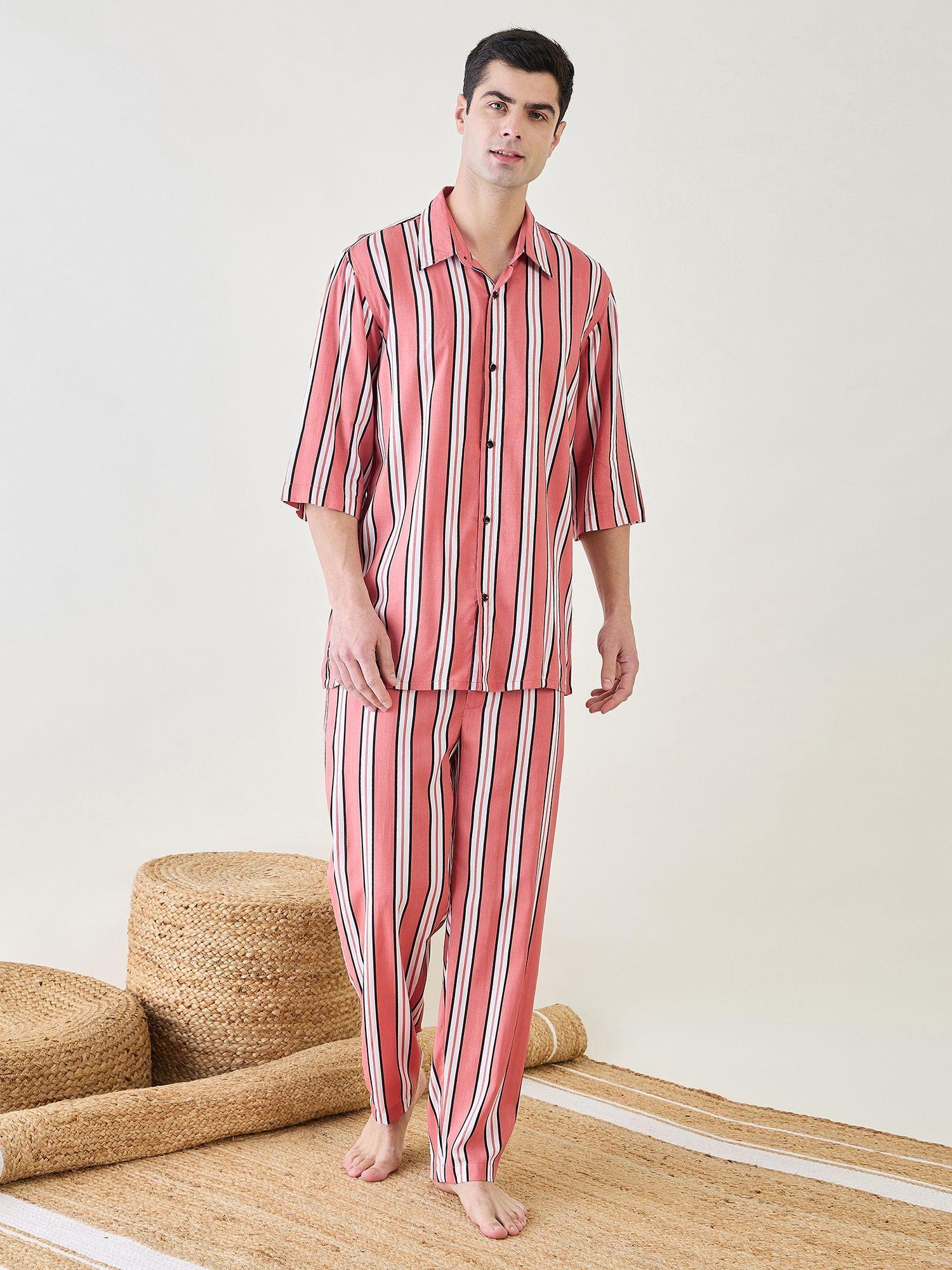 mens pink striped shirt and pyjama (set of 2)