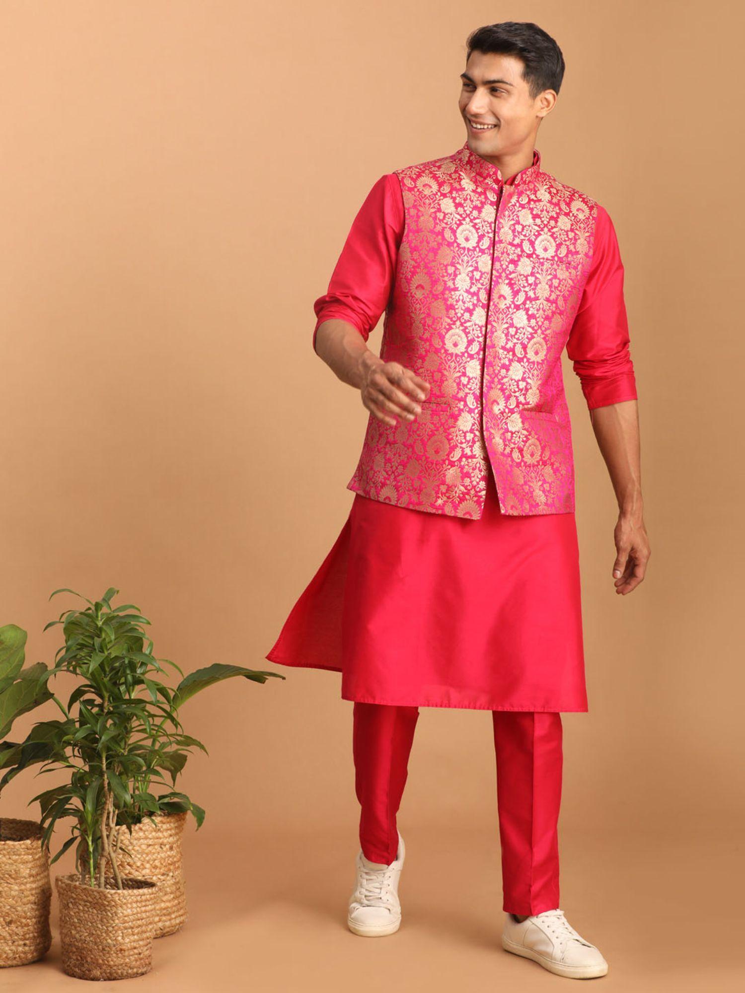 mens pink viscose jacket kurta and pyjama (set of 3)