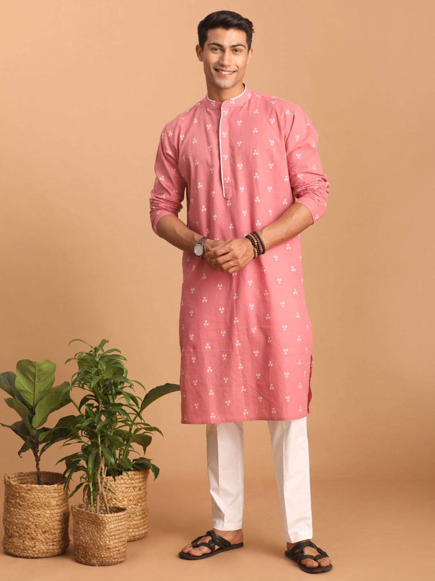 mens pink with white cotton kurta and pyjama (set of 2)