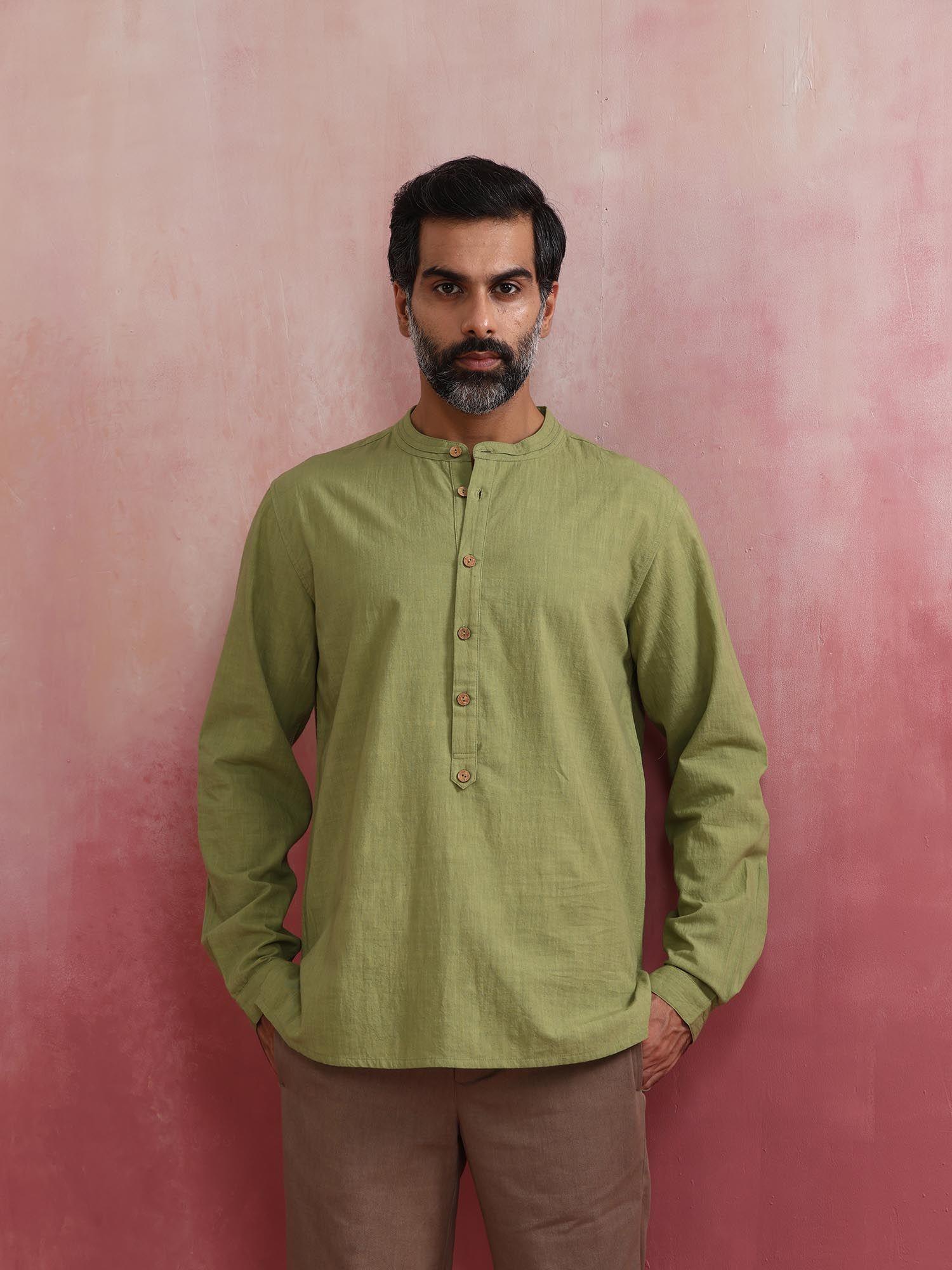 mens pista green cotton mandarin collar stylized kurta