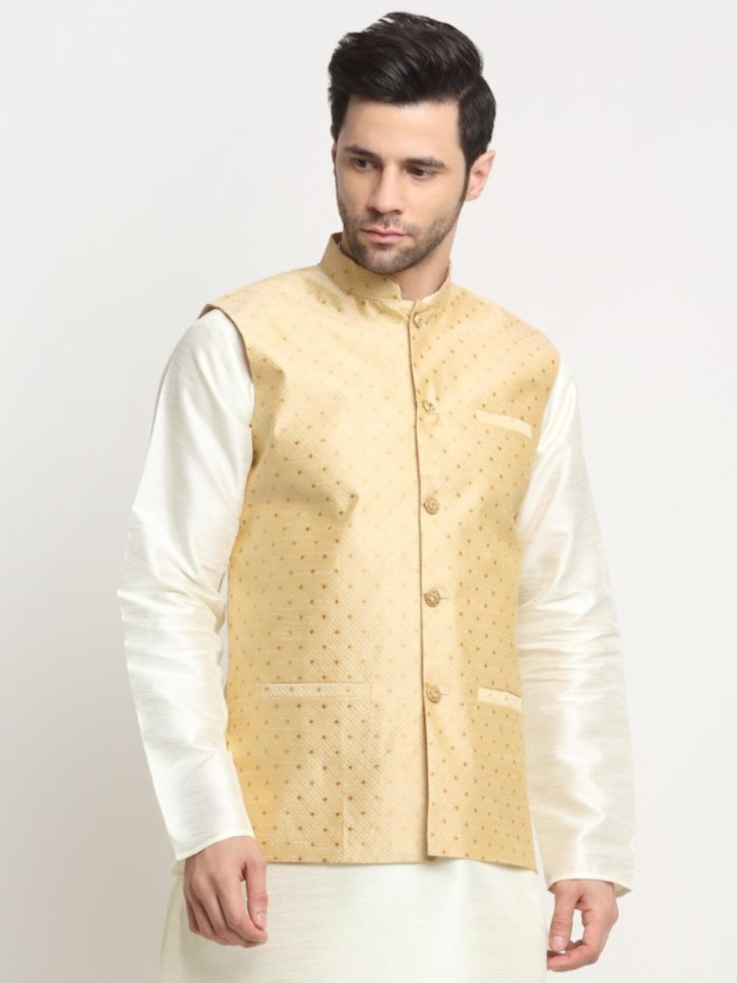 mens polka pattern beige nehru jacket