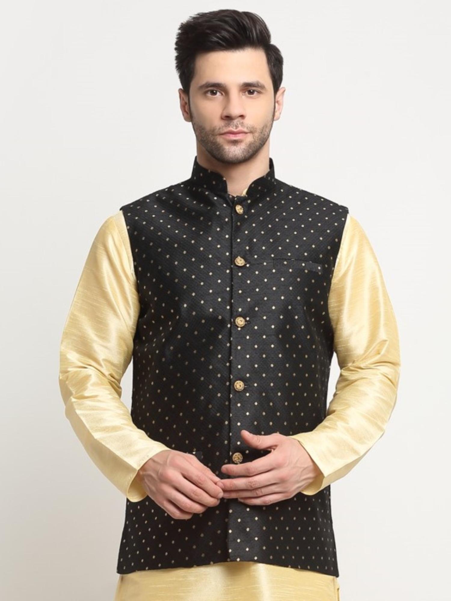 mens polka pattern black nehru jacket