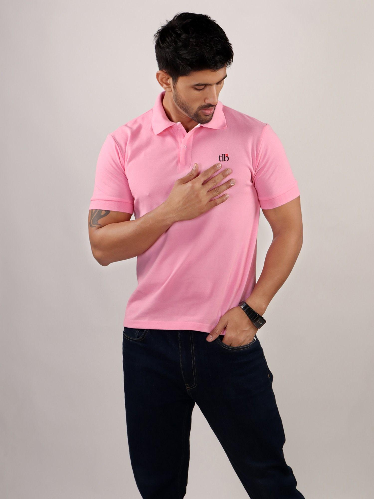mens polly cotton regular fit solid polo neck t-shirt - pink