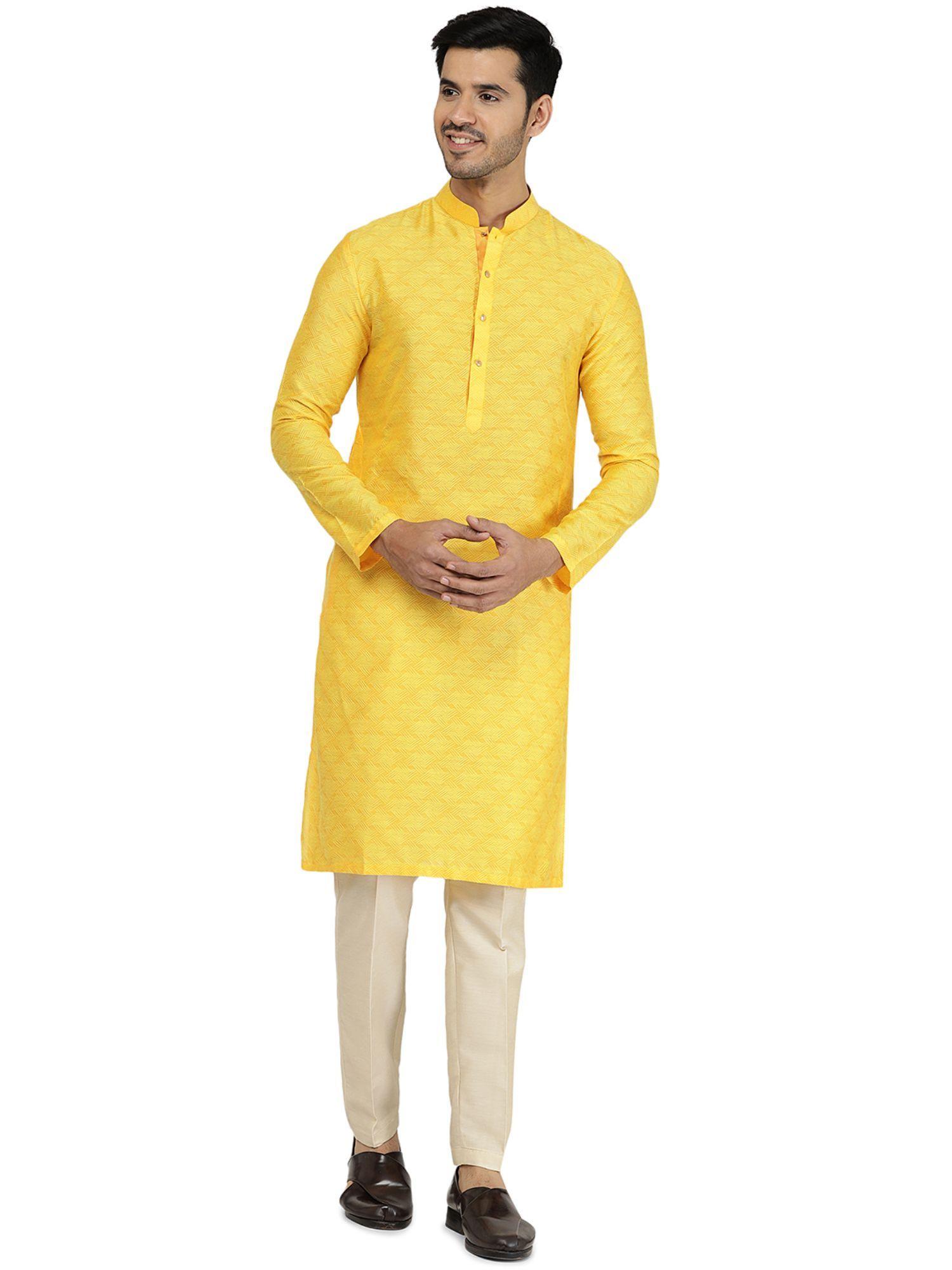 mens poly silk yellow self design kurta