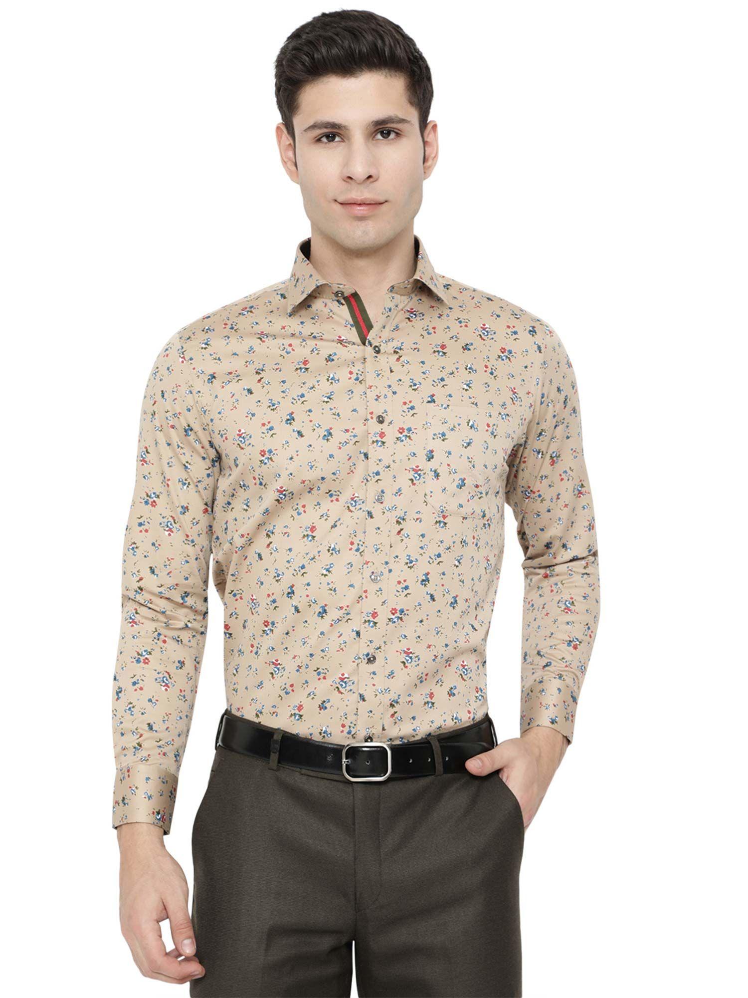 mens printed beige and blue cotton slim fit party wear shirt