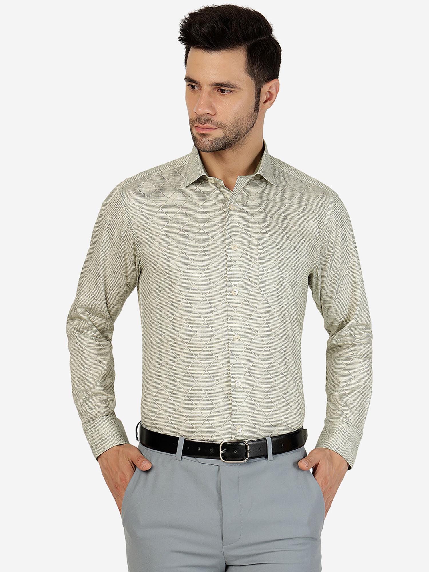 mens printed beige slim fit formal shirt