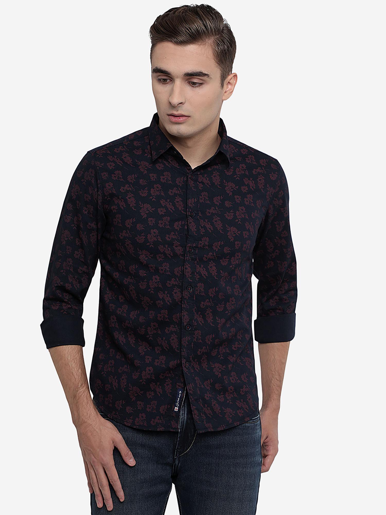 mens printed black & maroon cotton slim fit semi casual shirt