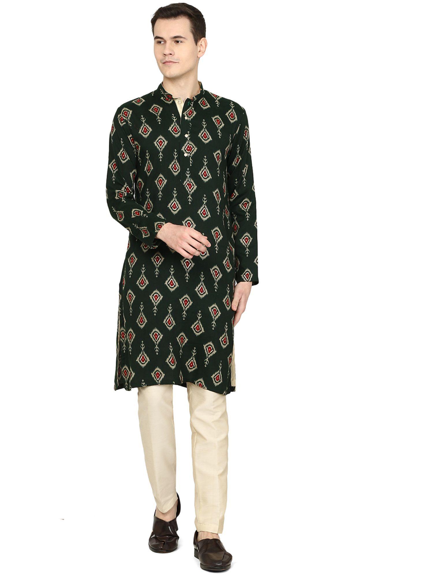 mens printed deep bottle green cotton blend kurta