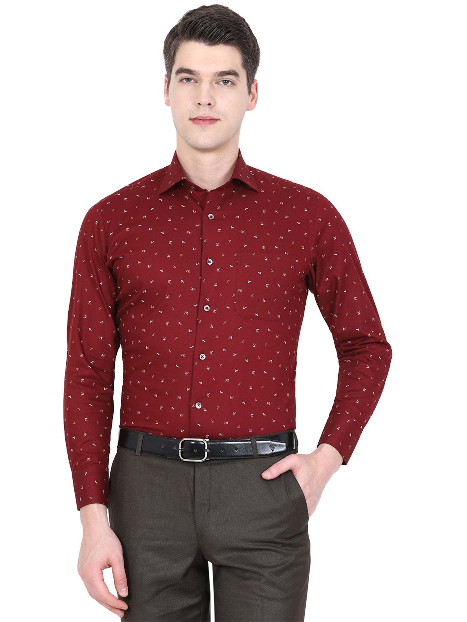 mens printed maroon cotton slim fit formal shirt
