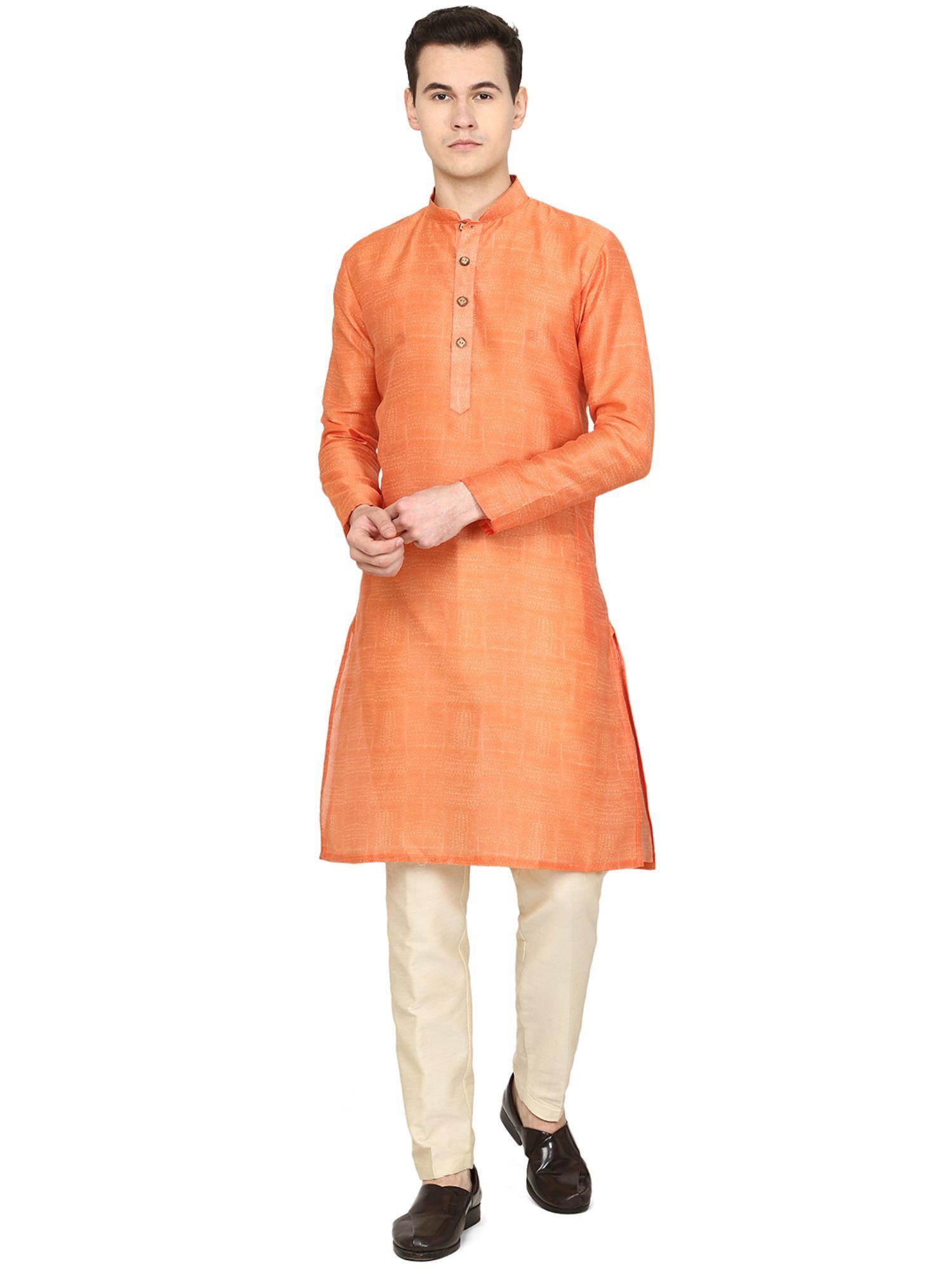 mens printed orange silk blend kurta