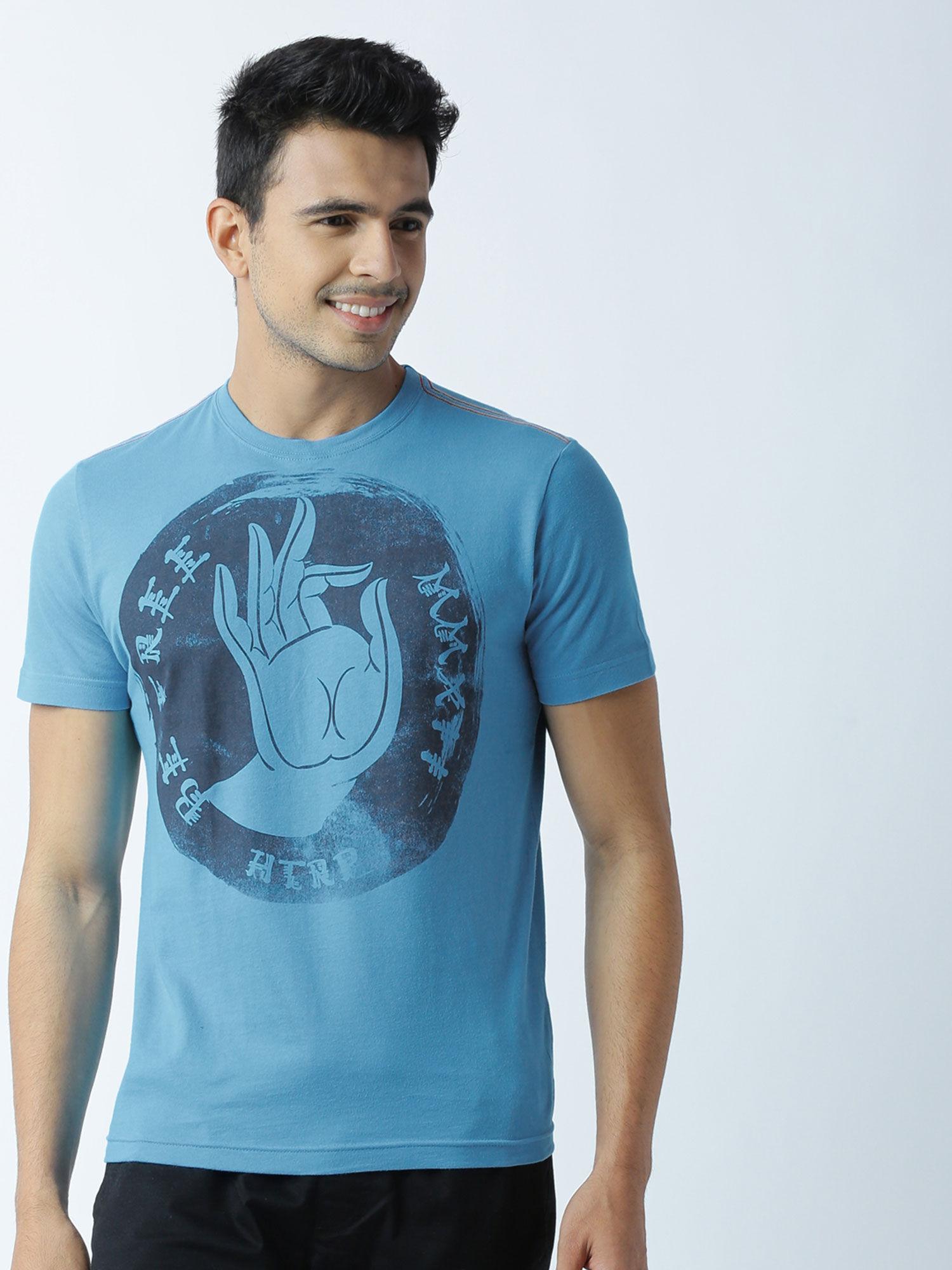 mens printed round neck blue t-shirt
