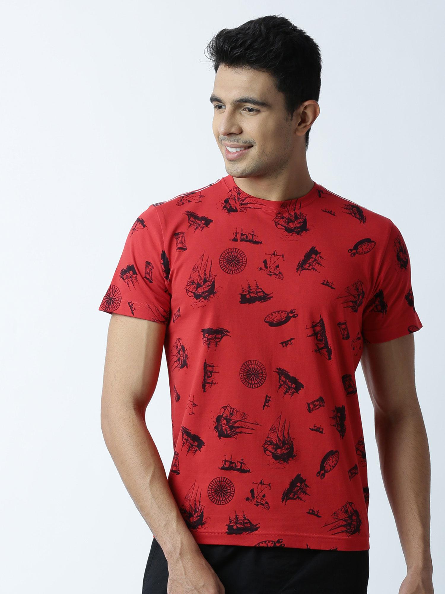 mens printed round neck red t-shirt