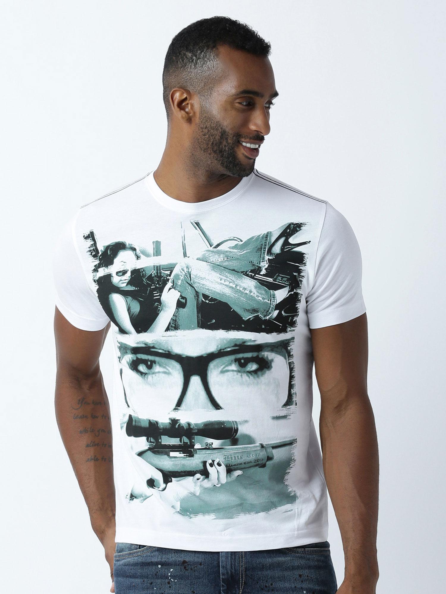 mens printed round neck white t-shirt